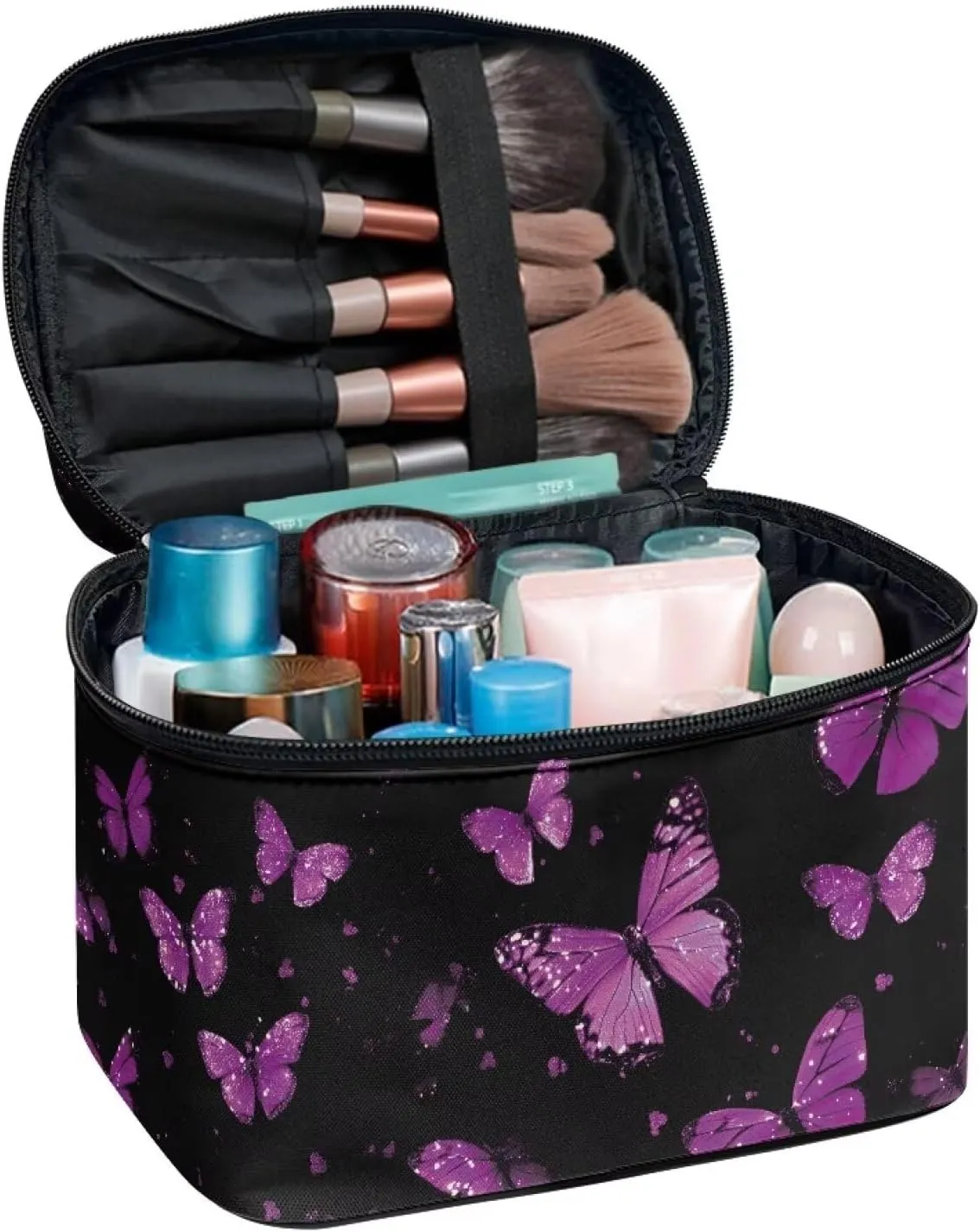 Purple Butterfly Travel Makeup Bag, Large Capacity Cosmetic Bag with Hidden Compartmen Lightweight Pu Leather Black Makeup Handbag