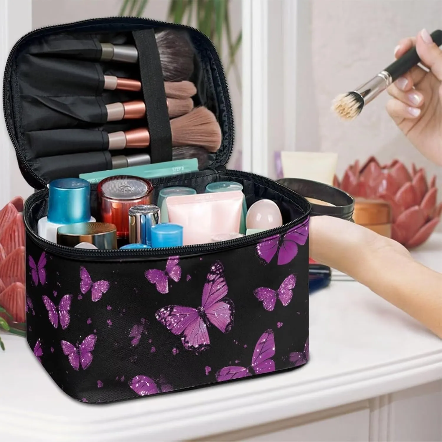 Purple Butterfly Travel Makeup Bag, Large Capacity Cosmetic Bag with Hidden Compartmen Lightweight Pu Leather Black Makeup Handbag