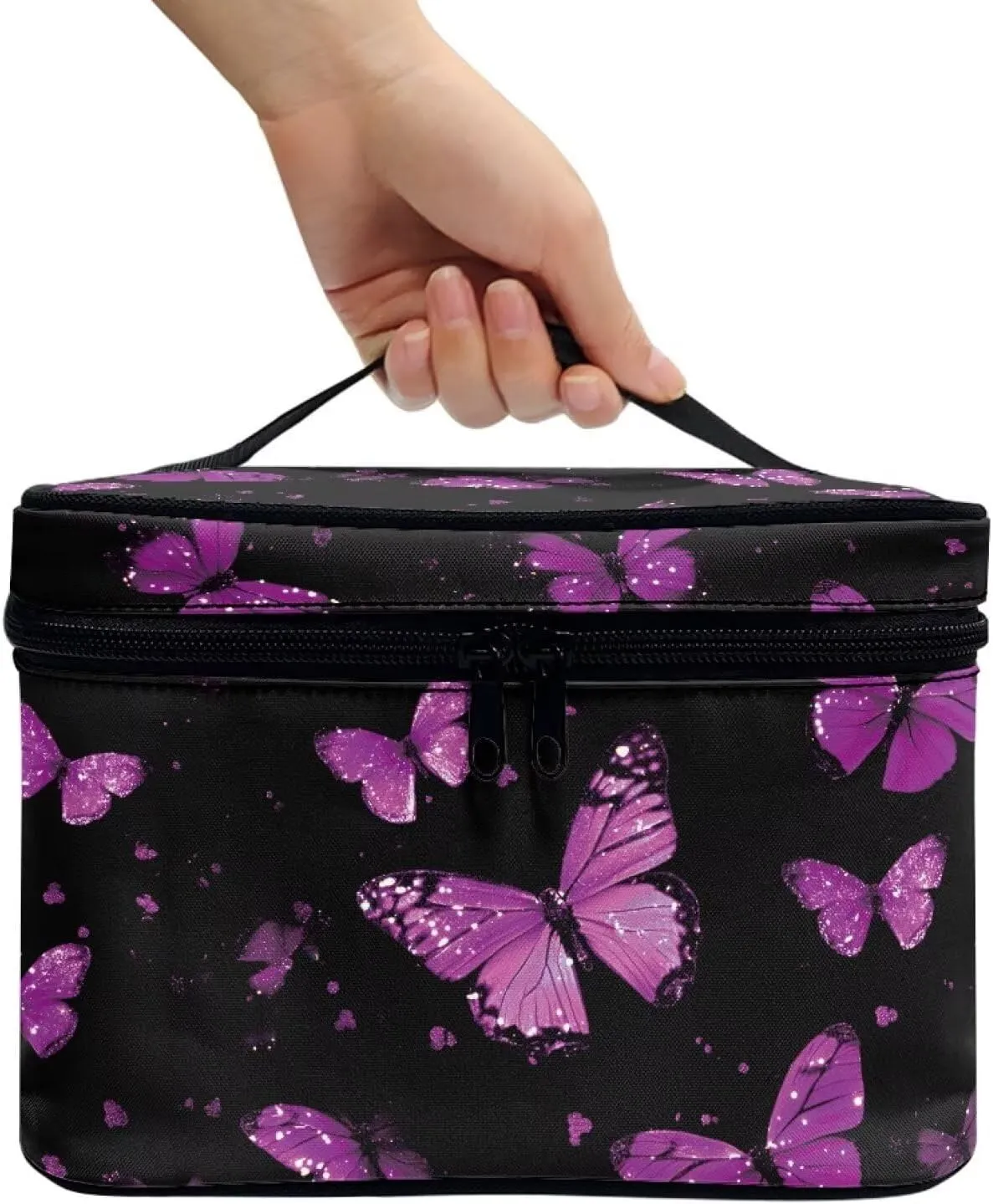 Purple Butterfly Travel Makeup Bag, Large Capacity Cosmetic Bag with Hidden Compartmen Lightweight Pu Leather Black Makeup Handbag