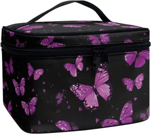 Purple Butterfly Travel Makeup Bag, Large Capacity Cosmetic Bag with Hidden Compartmen Lightweight Pu Leather Black Makeup Handbag