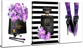 Purple Abstract Canvas Wall Art, Paris Bathroom Wall Decor 3 Pcs, Fashion Women Glam Perfume Bottle Flowers Girls Bedroom Posters Art 12x16", High Heels,Makeup Pictures Artwork Office Home Decoration