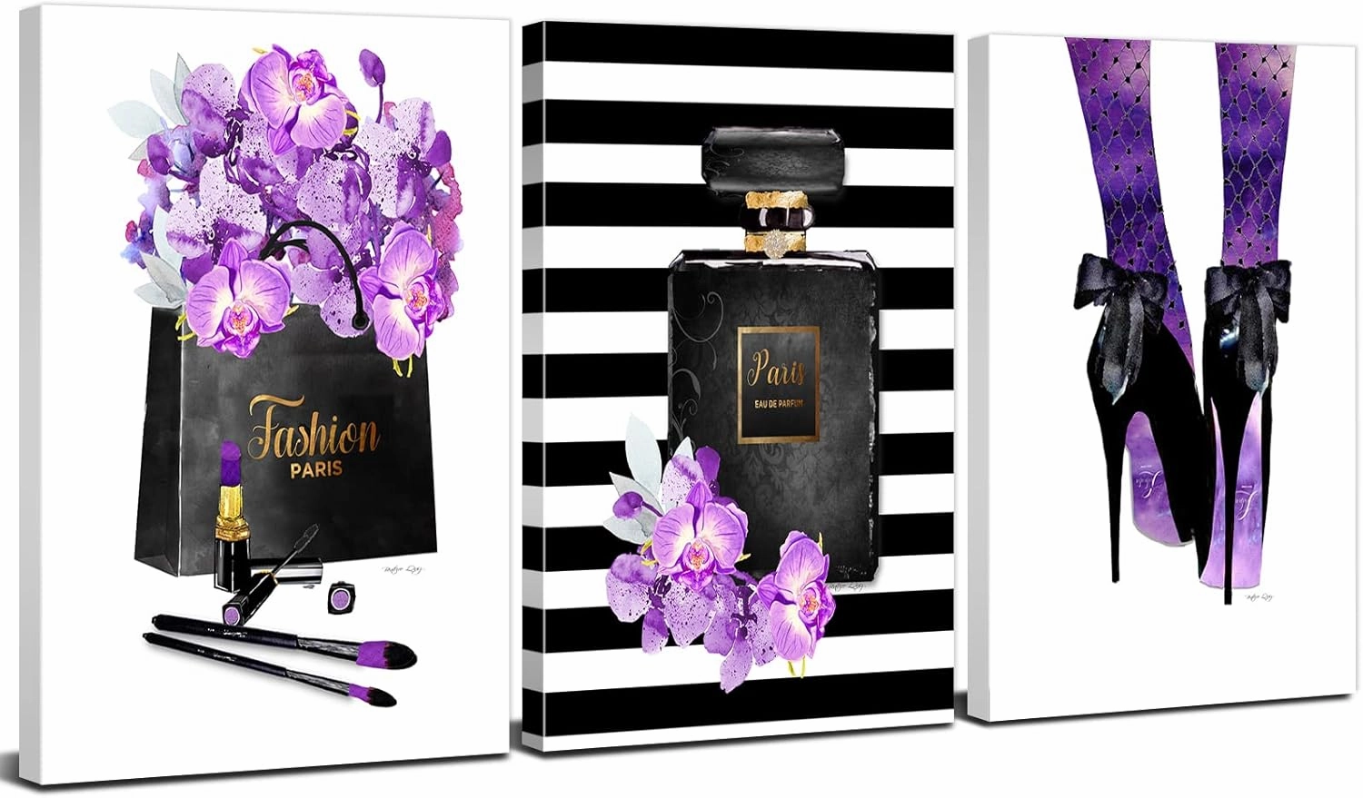 Purple Abstract Canvas Wall Art, Paris Bathroom Wall Decor 3 Pcs, Fashion Women Glam Perfume Bottle Flowers Girls Bedroom Posters Art 12x16", High Heels,Makeup Pictures Artwork Office Home Decoration