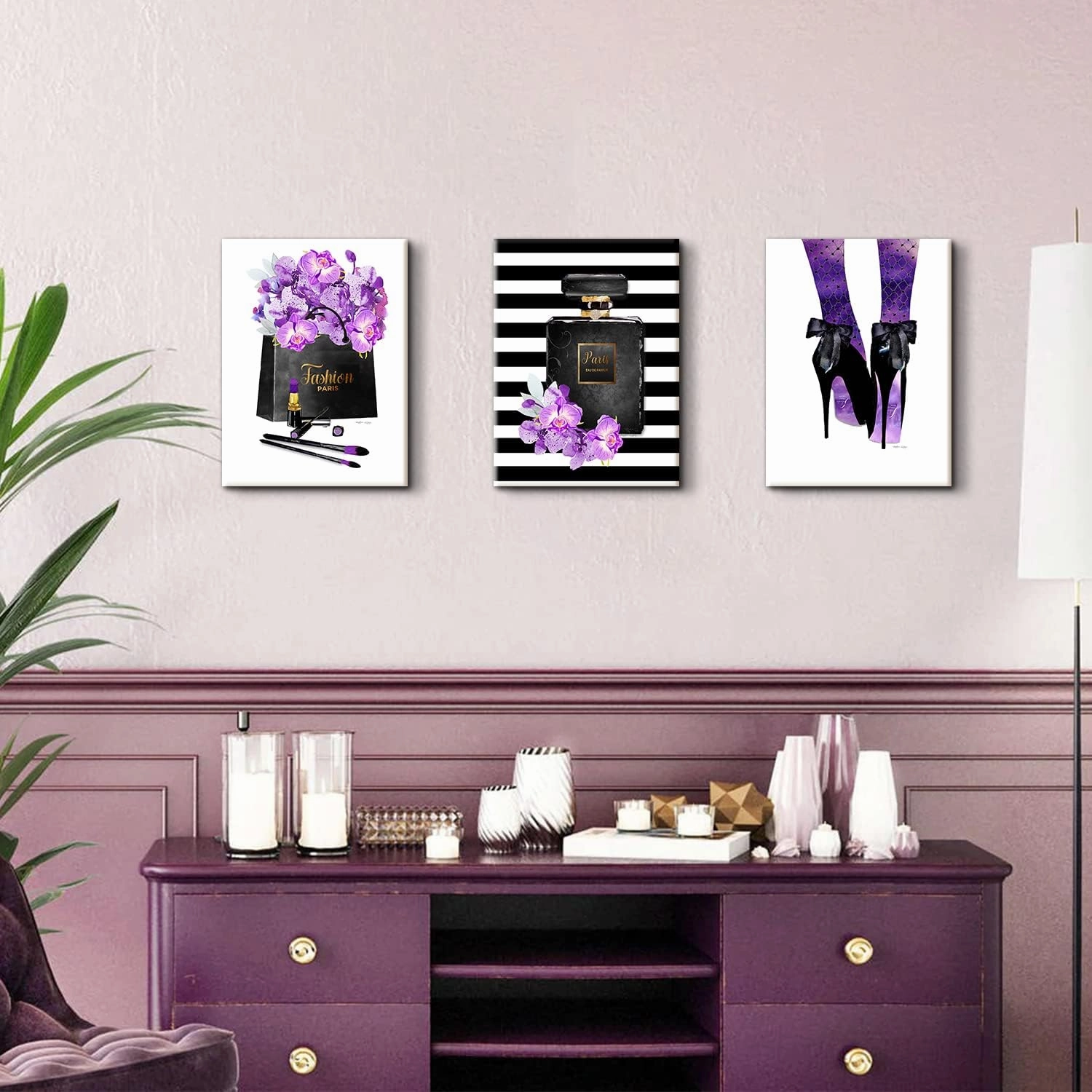 Purple Abstract Canvas Wall Art, Paris Bathroom Wall Decor 3 Pcs, Fashion Women Glam Perfume Bottle Flowers Girls Bedroom Posters Art 12x16", High Heels,Makeup Pictures Artwork Office Home Decoration