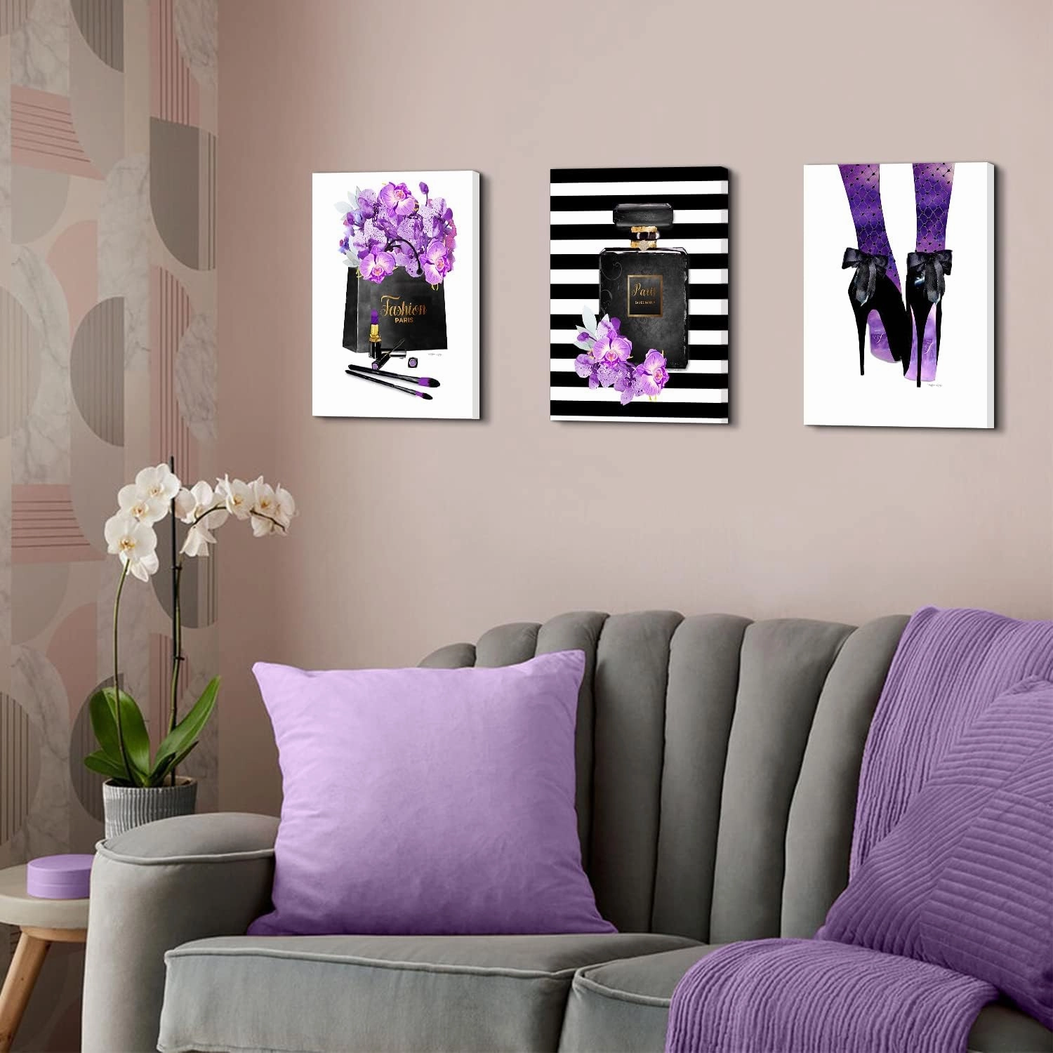 Purple Abstract Canvas Wall Art, Paris Bathroom Wall Decor 3 Pcs, Fashion Women Glam Perfume Bottle Flowers Girls Bedroom Posters Art 12x16", High Heels,Makeup Pictures Artwork Office Home Decoration