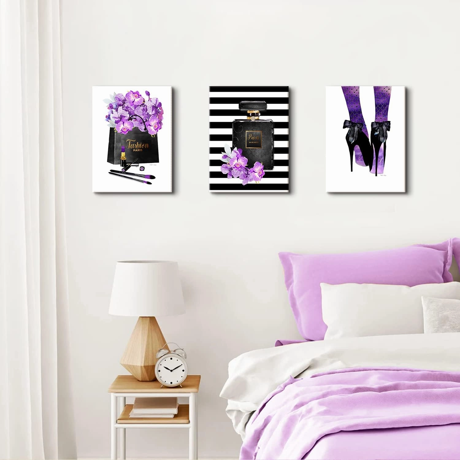 Purple Abstract Canvas Wall Art, Paris Bathroom Wall Decor 3 Pcs, Fashion Women Glam Perfume Bottle Flowers Girls Bedroom Posters Art 12x16", High Heels,Makeup Pictures Artwork Office Home Decoration