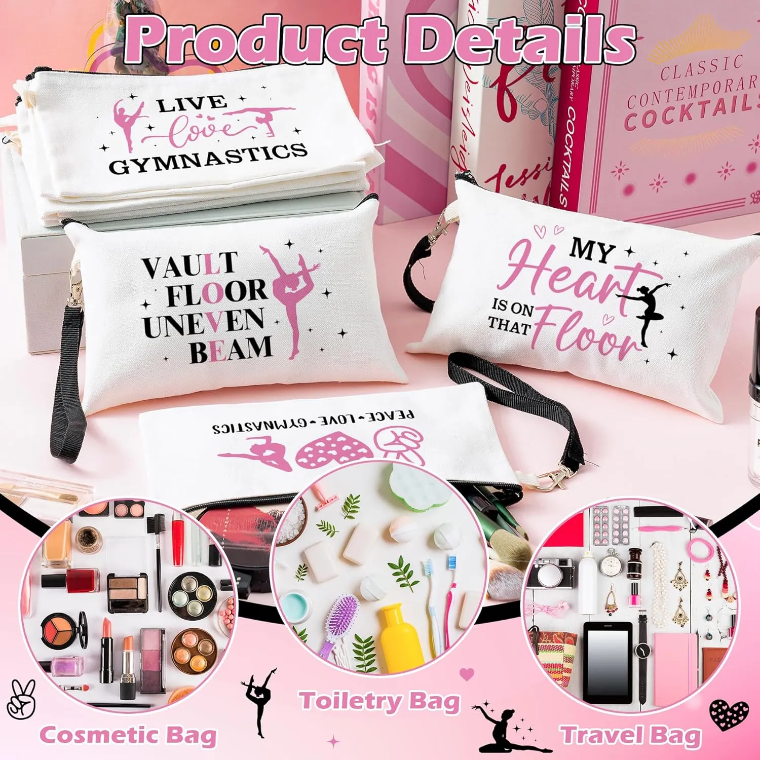 R HORSE 9Pcs Gymnastics Makeup Bag Inspirational Gifts for Women Girls, Ladies Canvas Cosmetic Toiletry Pouch Bag Organizer Christmas Birthday Gifts for Gymnastics Team Player Lover Friend