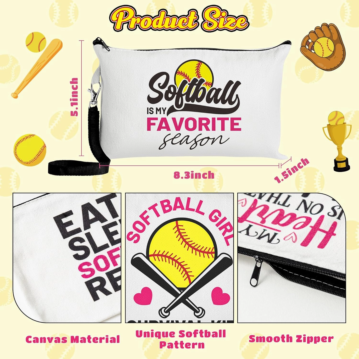 R HORSE 9Pcs Softball Makeup Bag Inspirational Gifts for Women Girls, Canvas Cosmetic Toiletry Pouch Bag Christmas Birthday Gifts for Softball Team Player Lover Fan