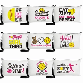 R HORSE 9Pcs Softball Makeup Bag Inspirational Gifts for Women Girls, Canvas Cosmetic Toiletry Pouch Bag Christmas Birthday Gifts for Softball Team Player Lover Fan