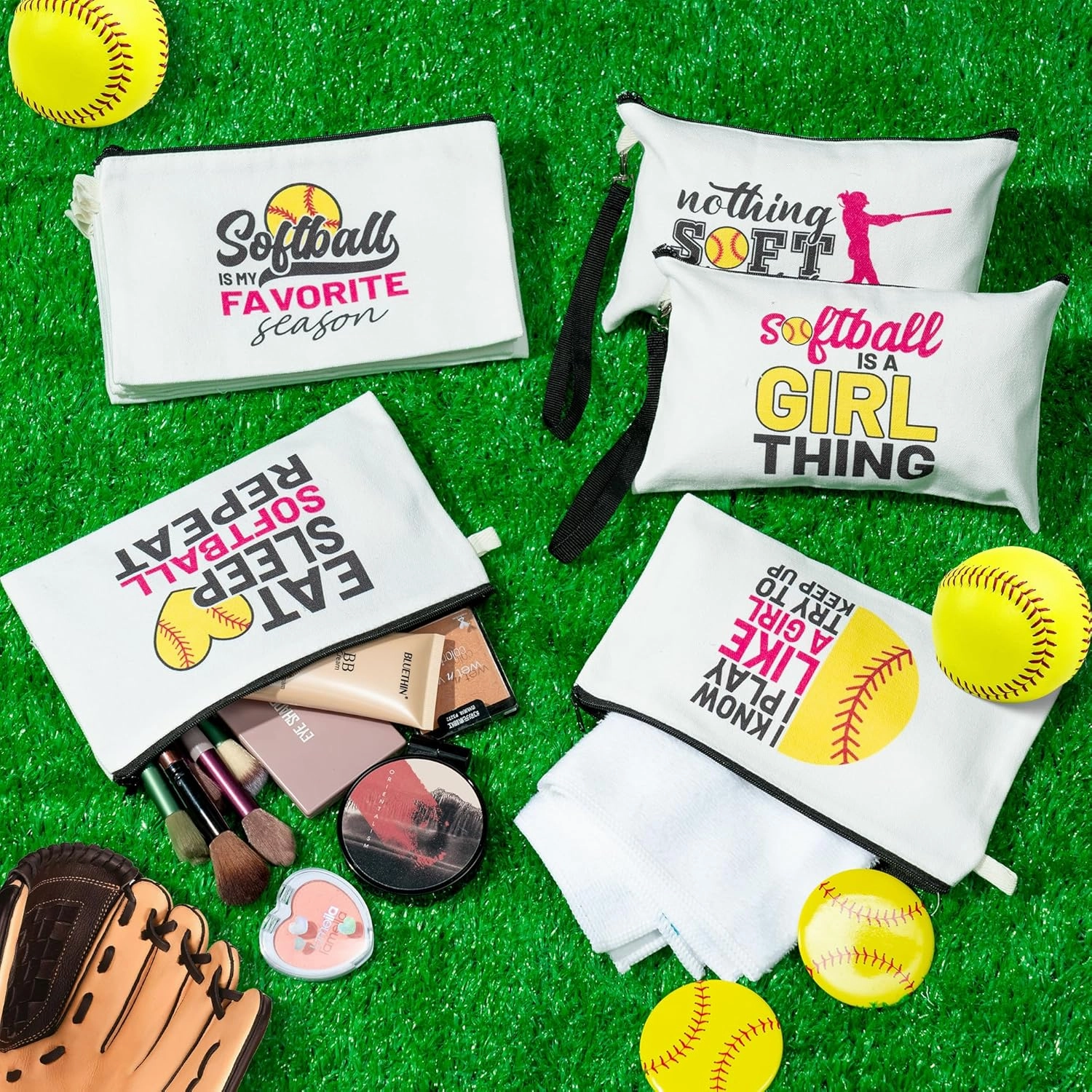R HORSE 9Pcs Softball Makeup Bag Inspirational Gifts for Women Girls, Canvas Cosmetic Toiletry Pouch Bag Christmas Birthday Gifts for Softball Team Player Lover Fan
