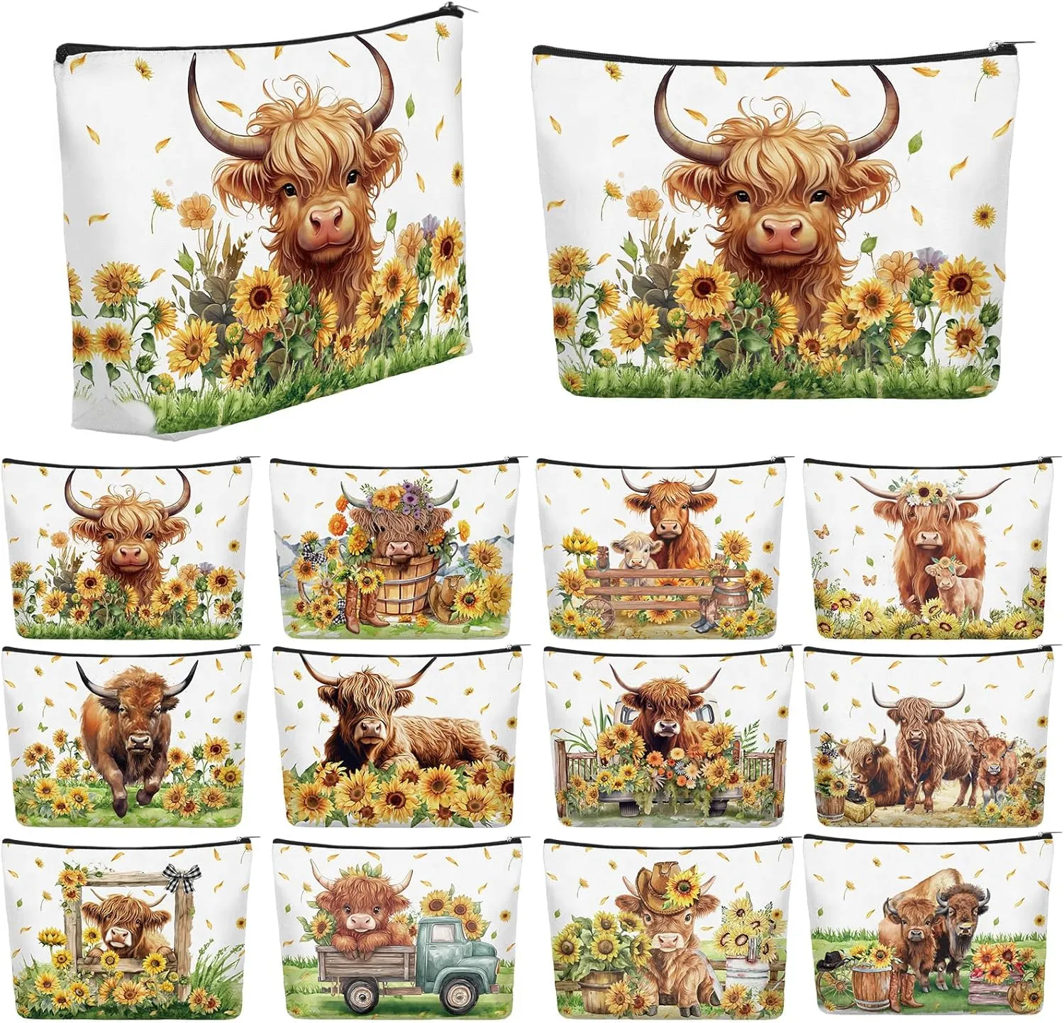Reginary 12 Pcs Highland Cow Makeup Bags Sunflower Cow Cosmetic Bags with Zippers Floral Pouch Bulk Back to School Appreciation Gifts for Teacher Women Summer Wedding Birthday Travel Party Supplies