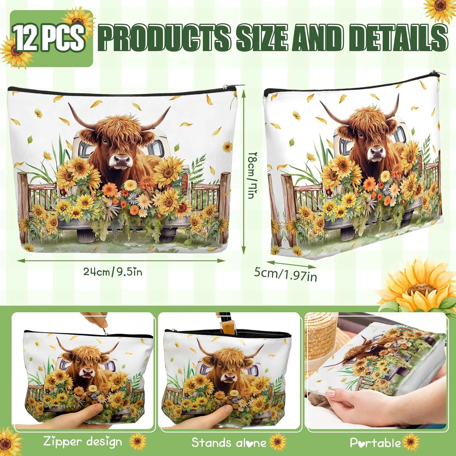 Reginary 12 Pcs Highland Cow Makeup Bags Sunflower Cow Cosmetic Bags with Zippers Floral Pouch Bulk Back to School Appreciation Gifts for Teacher Women Summer Wedding Birthday Travel Party Supplies