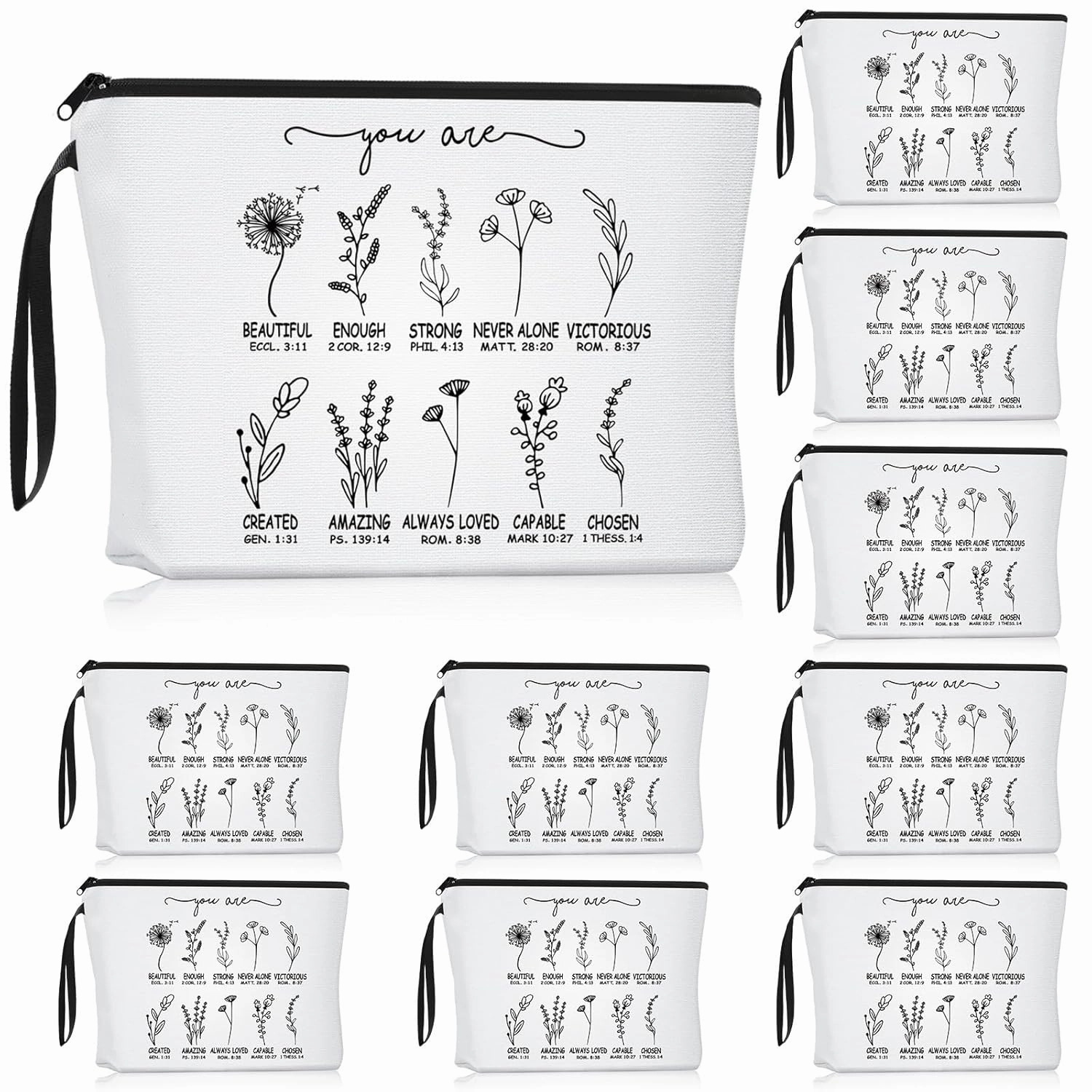 Reginary 10 Pcs Christian Gifts for Women Bulk Religious Cosmetic Bag Inspirational Bible Verse Floral Makeup Bag Motivational Quotes with Zipper for Women Sister Church Members(White)
