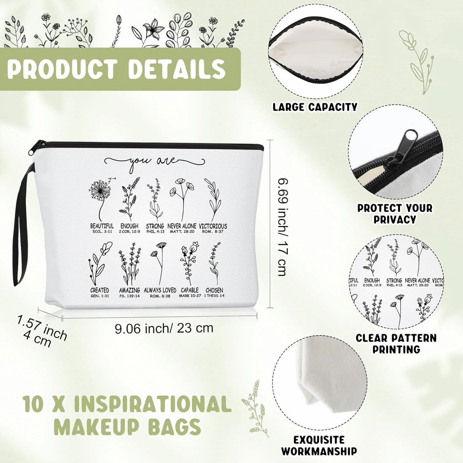 Reginary 10 Pcs Christian Gifts for Women Bulk Religious Cosmetic Bag Inspirational Bible Verse Floral Makeup Bag Motivational Quotes with Zipper for Women Sister Church Members(White)