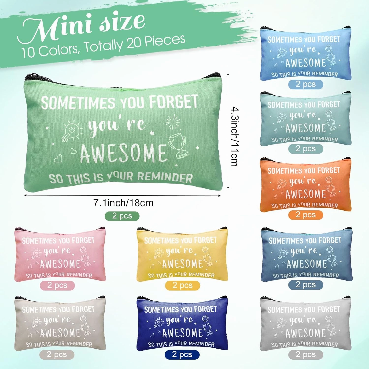 Reginary 20 Pcs Canvas Cosmetic Bag Inspirational Quotes Makeup Bags with Zipper Encouragement Travel Toiletry Pouch Appreciation Gift for Women,7 x 4.3 Inch(Macaron Color,Sometimes You Forget)