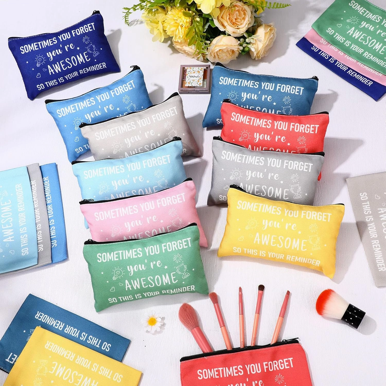 Reginary 20 Pcs Canvas Cosmetic Bag Inspirational Quotes Makeup Bags with Zipper Encouragement Travel Toiletry Pouch Appreciation Gift for Women,7 x 4.3 Inch(Macaron Color,Sometimes You Forget)