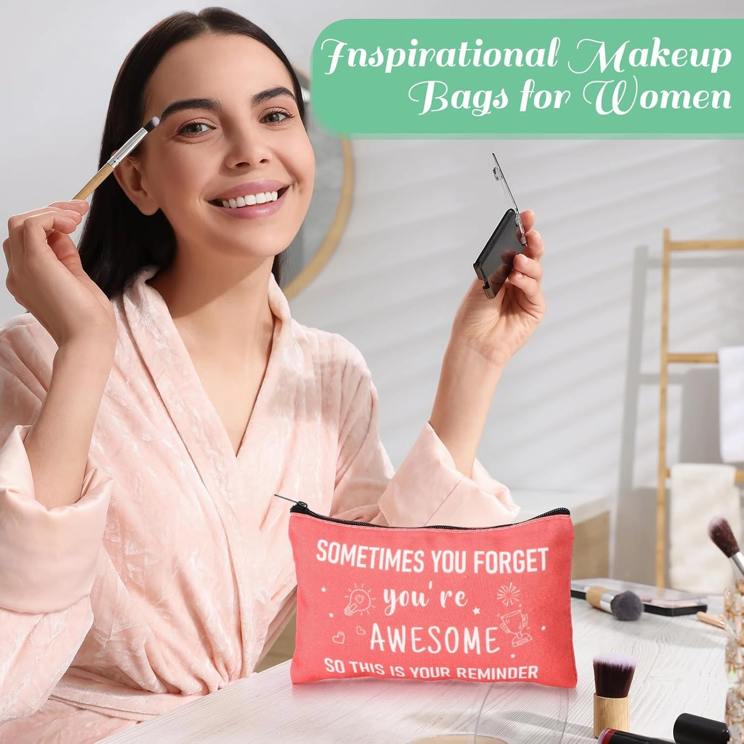 Reginary 20 Pcs Canvas Cosmetic Bag Inspirational Quotes Makeup Bags with Zipper Encouragement Travel Toiletry Pouch Appreciation Gift for Women,7 x 4.3 Inch(Macaron Color,Sometimes You Forget)