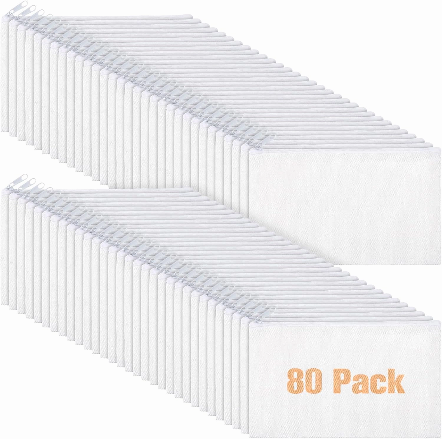 Reginary 80 Pack Canvas Zipper Makeup Bags Bulk Pencil Pouches Blank DIY Craft Canvas Cosmetic Bag Pouch with Zipper for Makeup Cosmetic Toiletry Stationary Storage (All White)