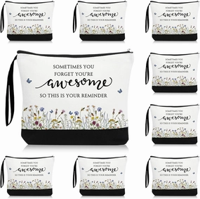 Reginary Bulk Volunteers' Week Gift for Women Inspirational Makeup Bags Motivational Flower Canvas Cosmetic Bag with Zipper Thank You Gifts for Employee Coworker Cna Graduation, 9 x 6. 7 in(15 Pcs)