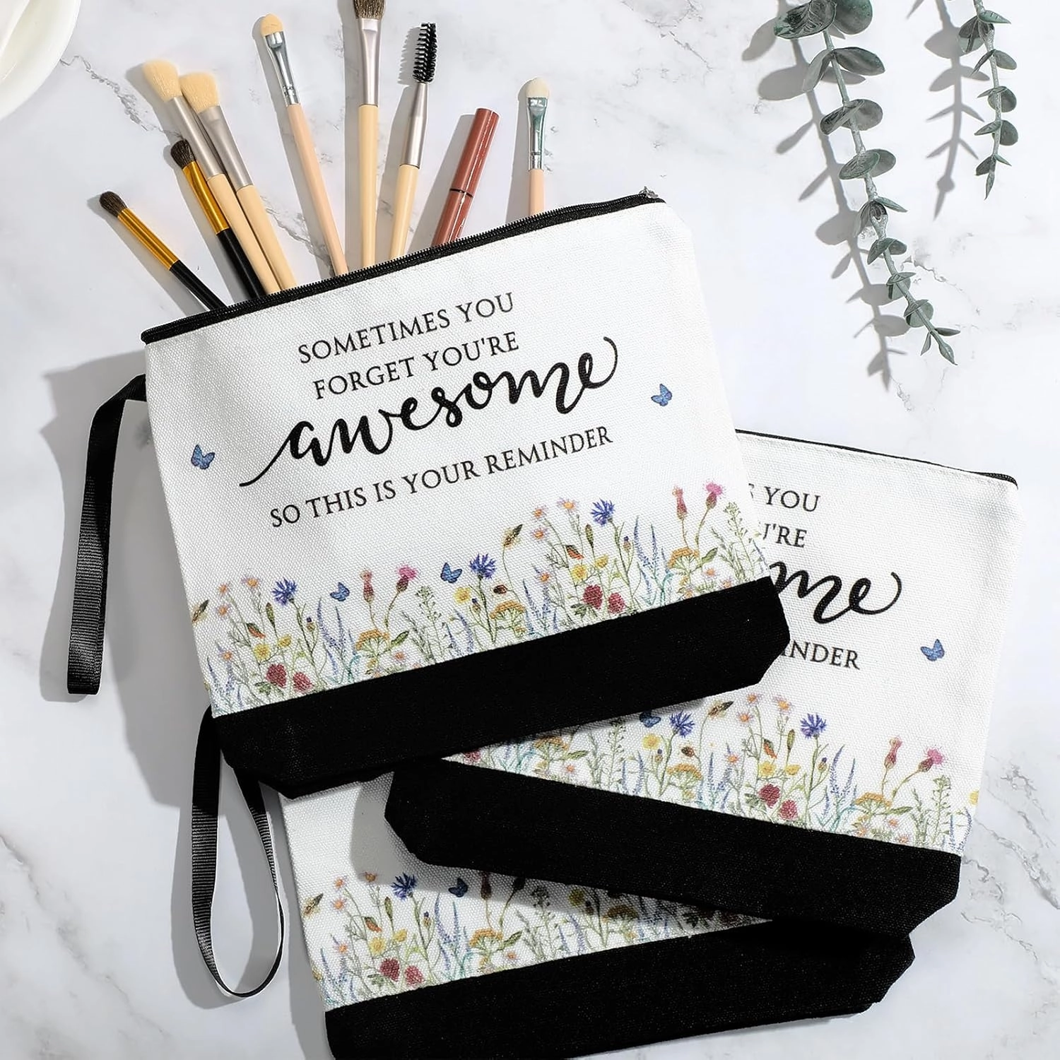 Reginary Bulk Volunteers' Week Gift for Women Inspirational Makeup Bags Motivational Flower Canvas Cosmetic Bag with Zipper Thank You Gifts for Employee Coworker Cna Graduation, 9 x 6. 7 in(15 Pcs)