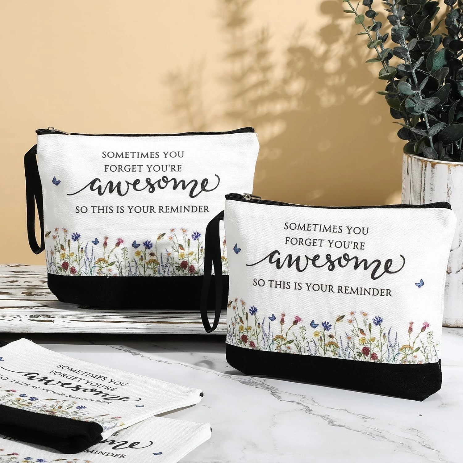 Reginary Bulk Volunteers' Week Gift for Women Inspirational Makeup Bags Motivational Flower Canvas Cosmetic Bag with Zipper Thank You Gifts for Employee Coworker Cna Graduation, 9 x 6. 7 in(15 Pcs)