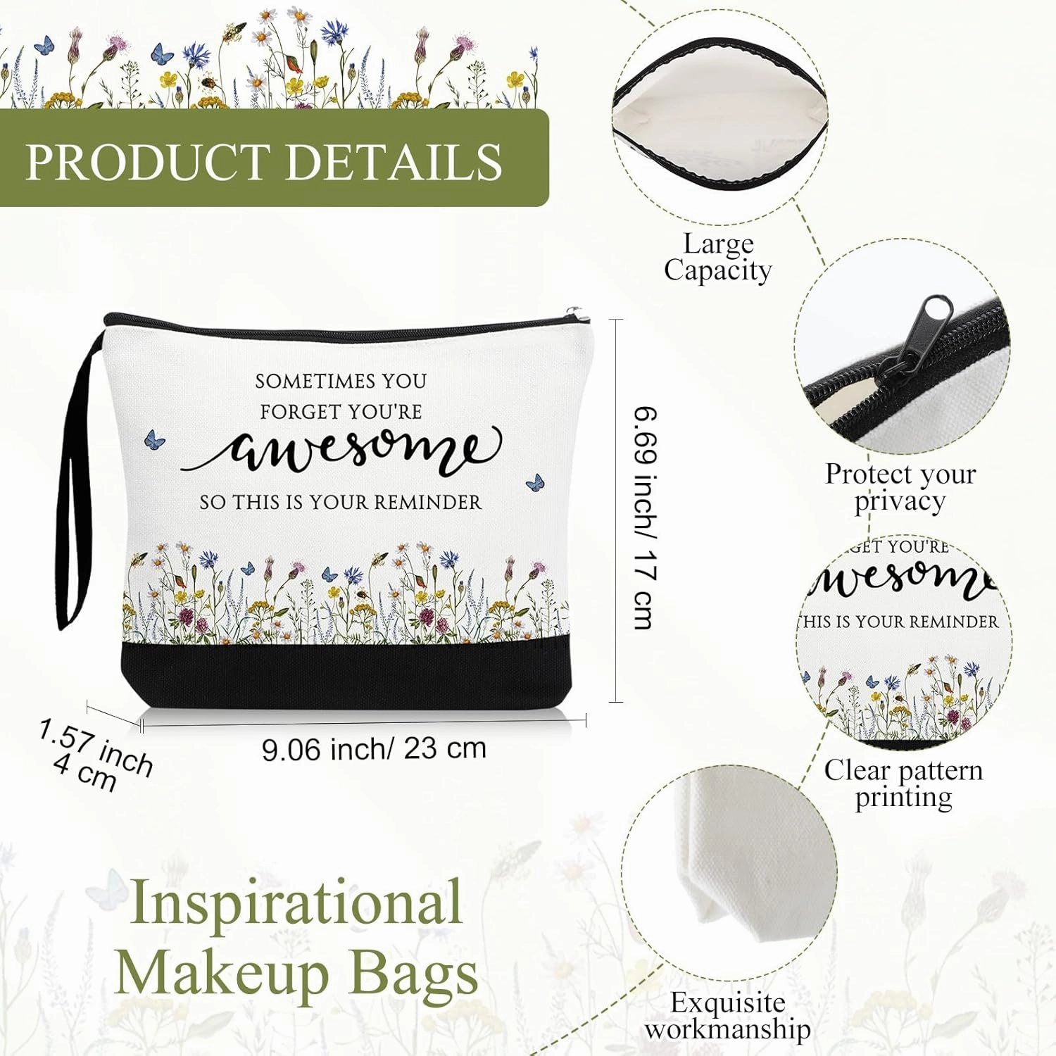Reginary Bulk Volunteers' Week Gift for Women Inspirational Makeup Bags Motivational Flower Canvas Cosmetic Bag with Zipper Thank You Gifts for Employee Coworker Cna Graduation, 9 x 6. 7 in(15 Pcs)