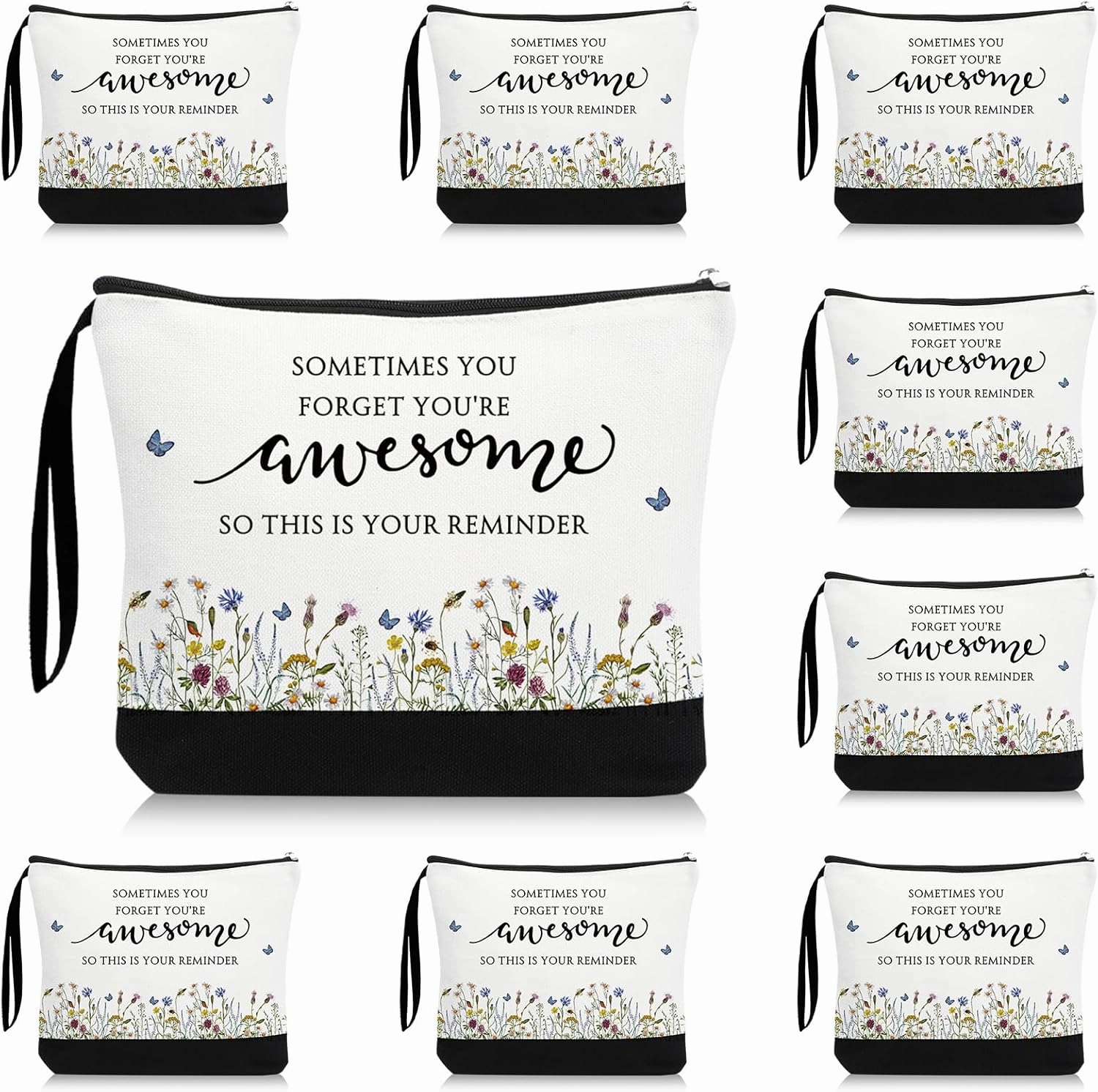Reginary Bulk Volunteers' Week Gift for Women Inspirational Makeup Bags Motivational Flower Canvas Cosmetic Bag with Zipper Thank You Gifts for Employee Coworker Cna Graduation, 9 x 6. 7 in(15 Pcs)