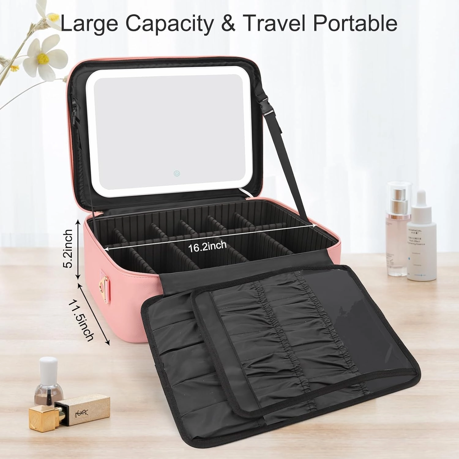 Relavel Makeup Bag with LED Mirror, 16.2 inches Large Makeup Case Travel Portable Cosmetic Organizer Vanity Case for Women, Rechargeable Lighted Mirror Professional Makeup Artists Storage Box (Pink)