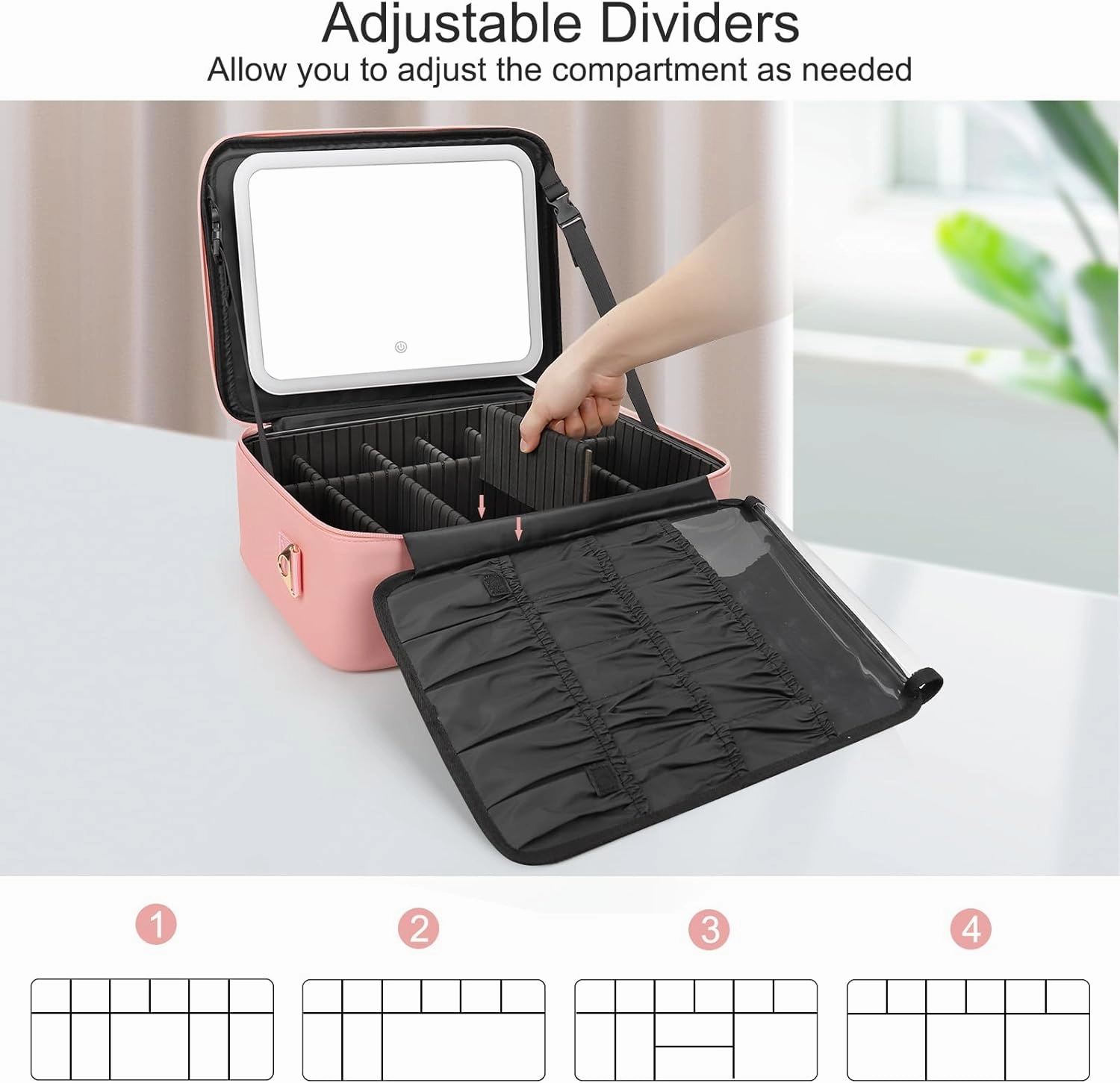 Relavel Makeup Bag with LED Mirror, 16.2 inches Large Makeup Case Travel Portable Cosmetic Organizer Vanity Case for Women, Rechargeable Lighted Mirror Professional Makeup Artists Storage Box (Pink)