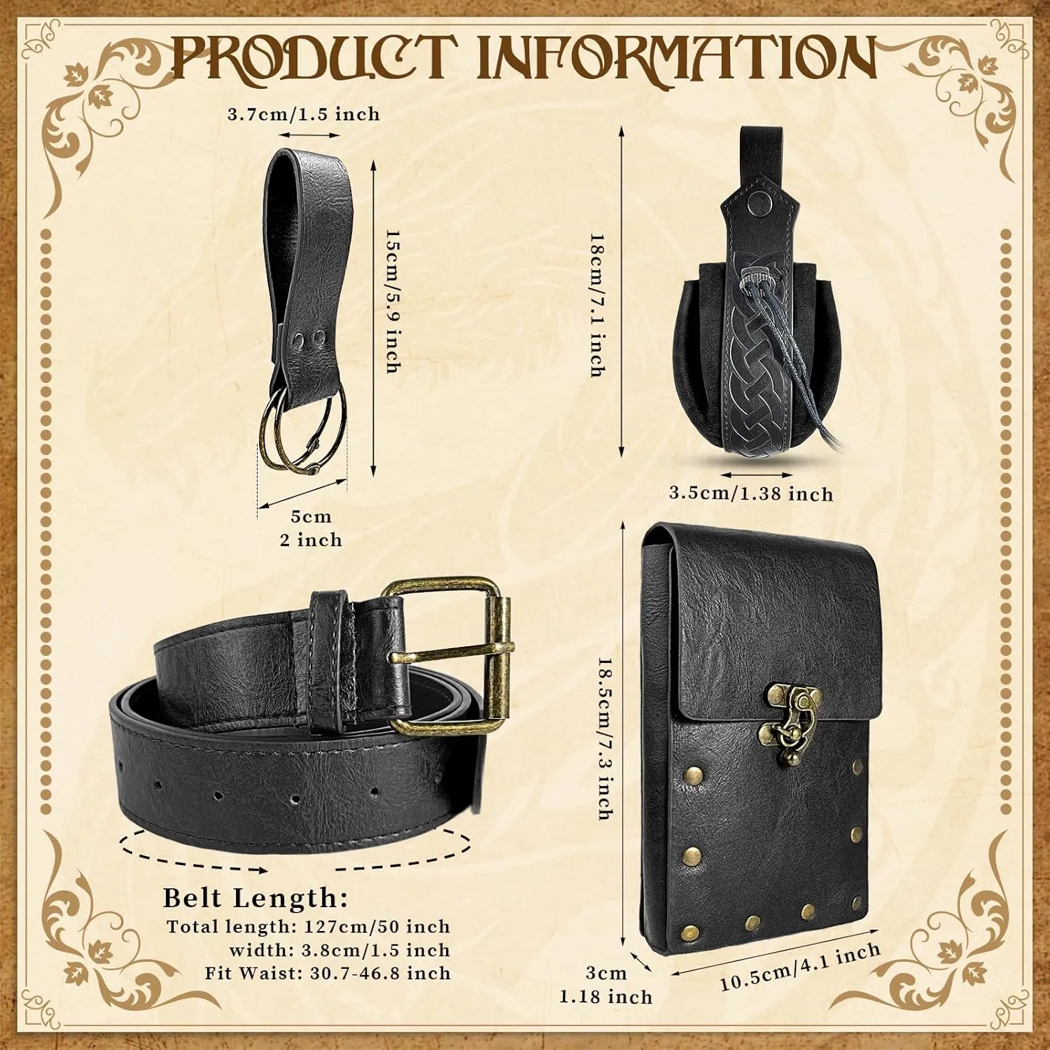 Renaissance Belt Pouch Waist Bag Steampunk Pouch Medieval Leather Belt Skirt Hikes Set, Retro Renaissance Accessories for LARP Cosplay Costume Christmas Gifts (2Pouch-Black)