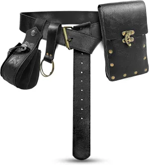 Renaissance Belt Pouch Waist Bag Steampunk Pouch Medieval Leather Belt Skirt Hikes Set, Retro Renaissance Accessories for LARP Cosplay Costume Christmas Gifts (2Pouch-Black)