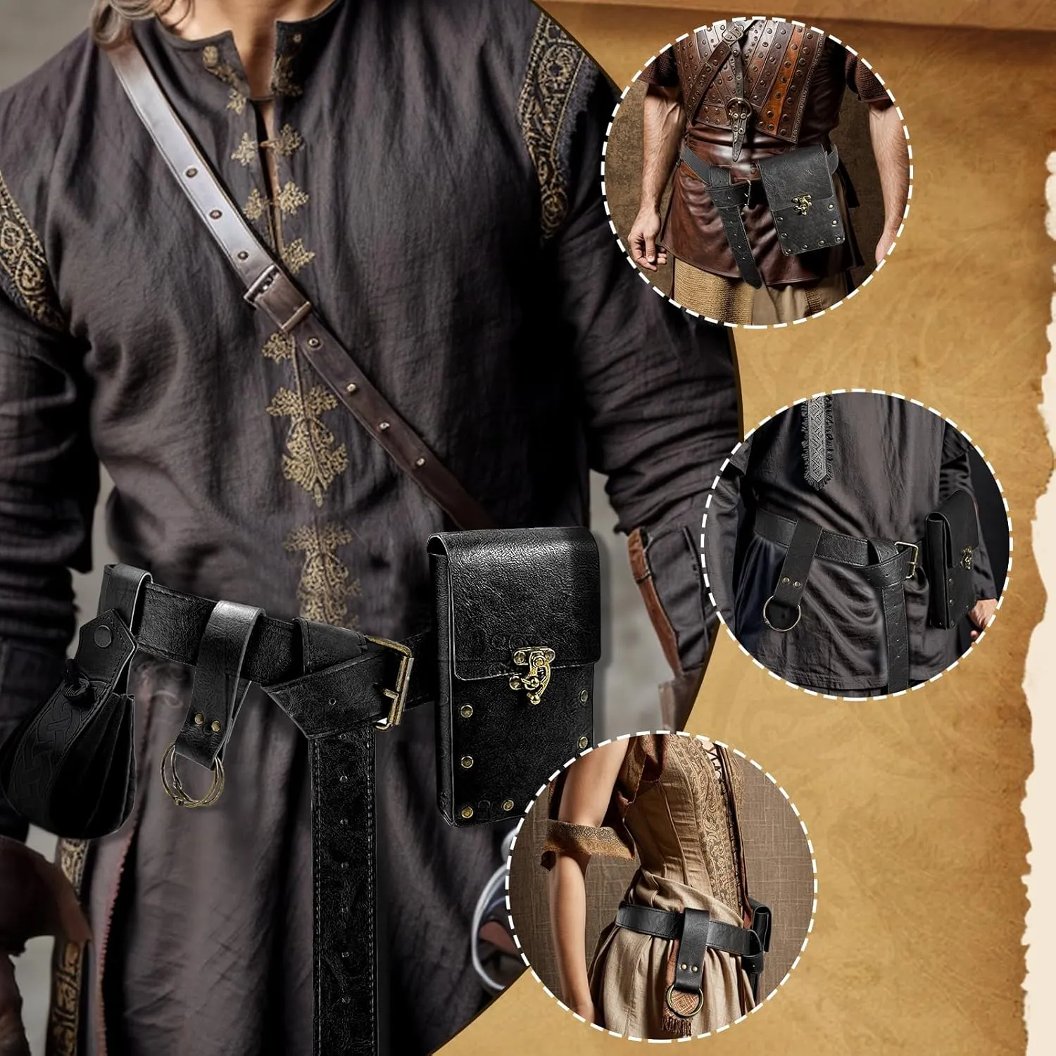 Renaissance Belt Pouch Waist Bag Steampunk Pouch Medieval Leather Belt Skirt Hikes Set, Retro Renaissance Accessories for LARP Cosplay Costume Christmas Gifts (2Pouch-Black)