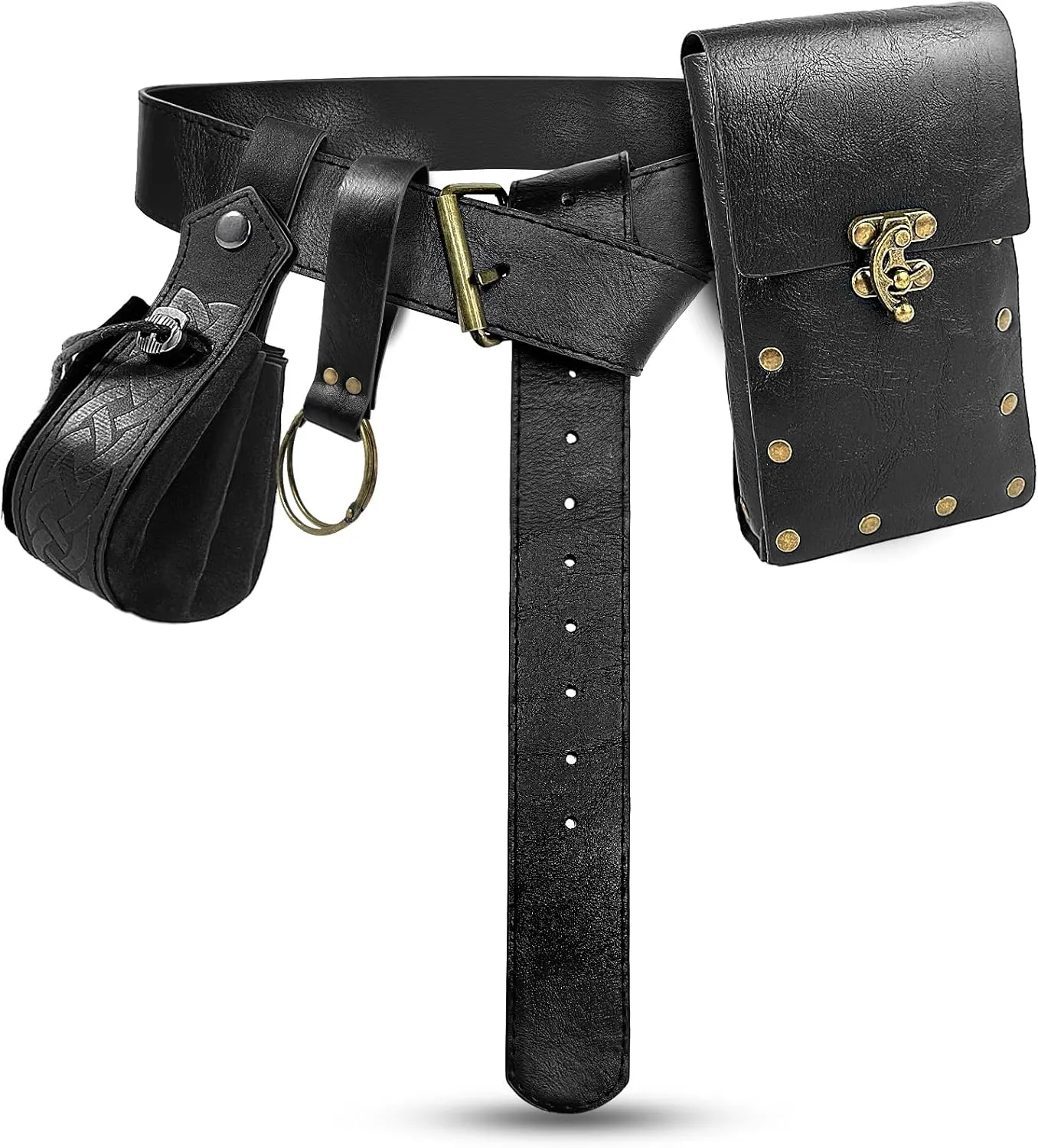 Renaissance Belt Pouch Waist Bag Steampunk Pouch Medieval Leather Belt Skirt Hikes Set, Retro Renaissance Accessories for LARP Cosplay Costume Christmas Gifts (2Pouch-Black)