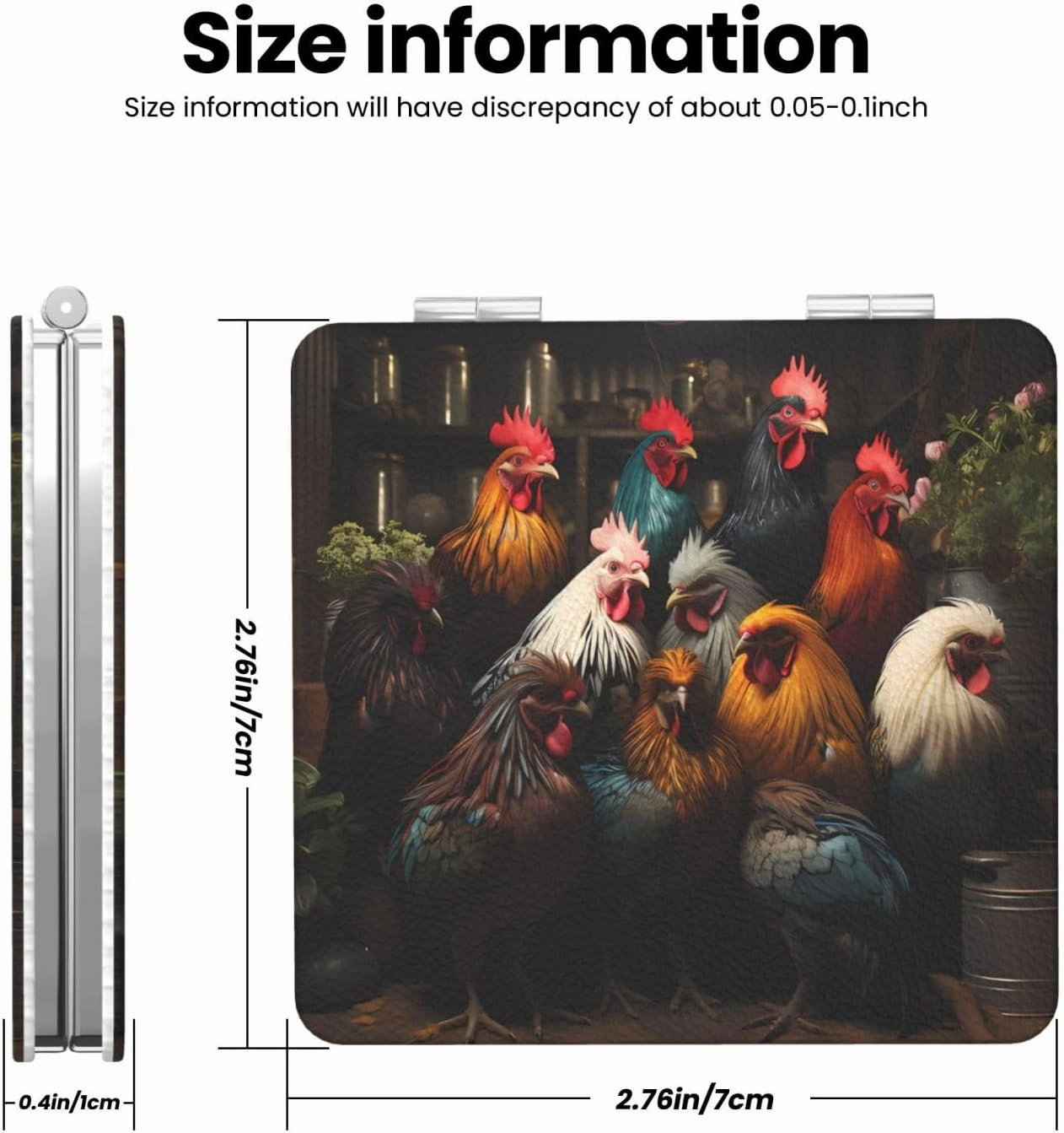 Rooster Family Portfolio Makeup Mirror Portable Folding Mini Mirror Double Sided Travel Makeup Mirror Square Handheld Pocket Mirror