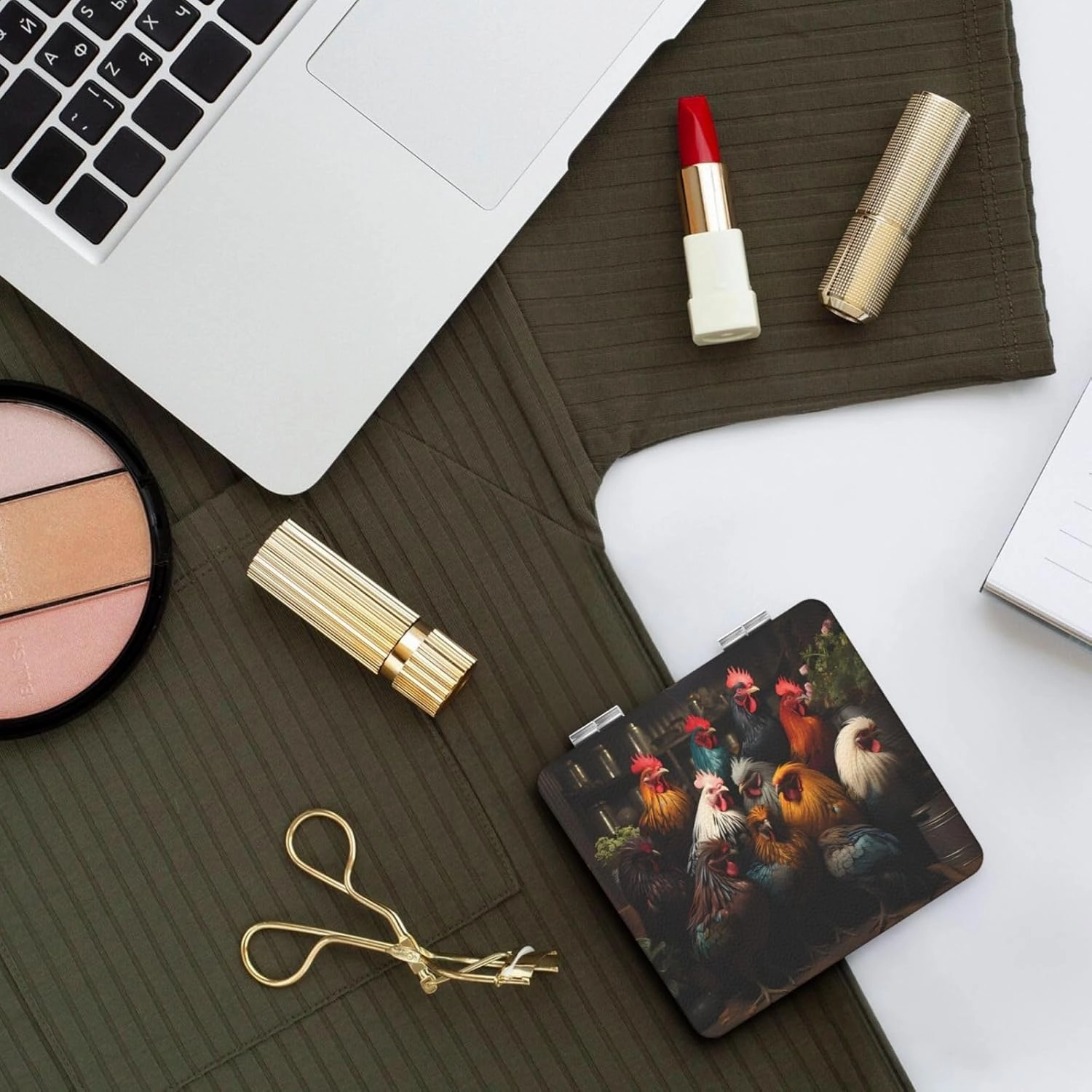 Rooster Family Portfolio Makeup Mirror Portable Folding Mini Mirror Double Sided Travel Makeup Mirror Square Handheld Pocket Mirror