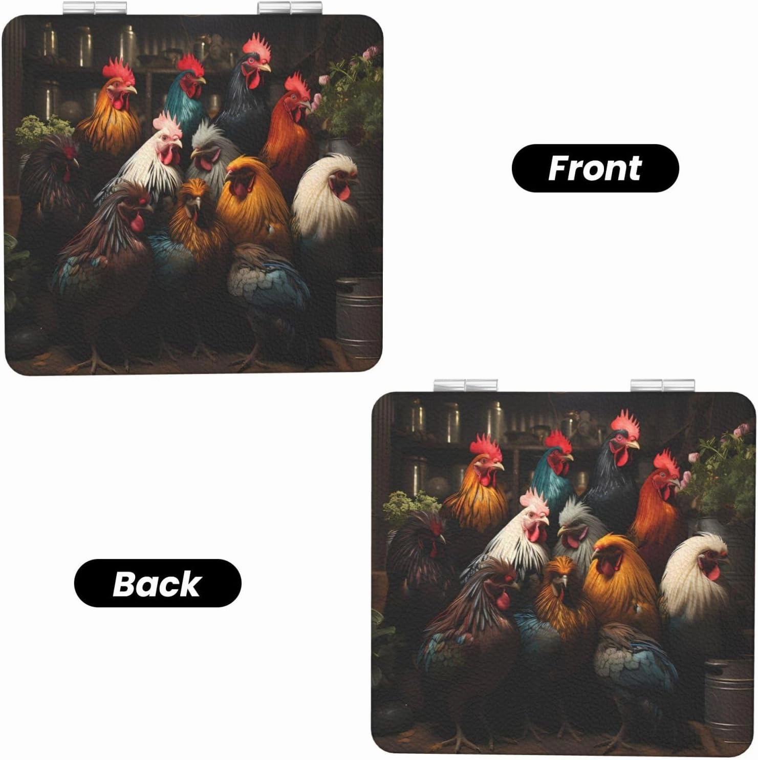 Rooster Family Portfolio Makeup Mirror Portable Folding Mini Mirror Double Sided Travel Makeup Mirror Square Handheld Pocket Mirror