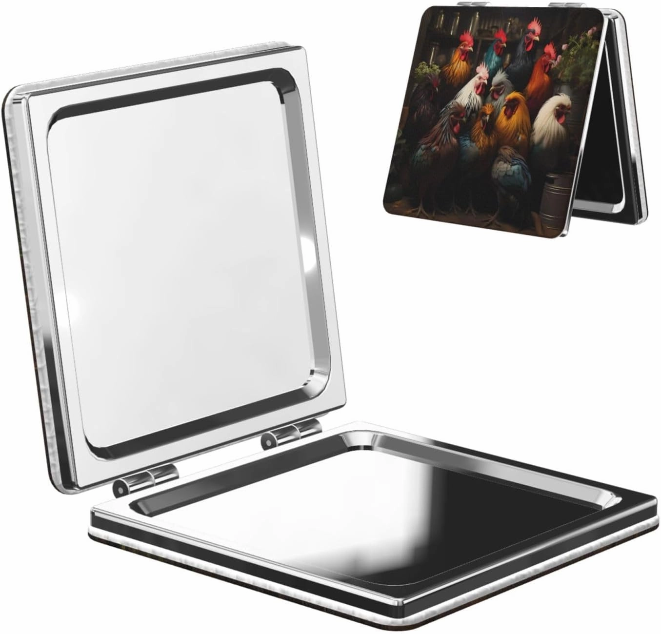 Rooster Family Portfolio Makeup Mirror Portable Folding Mini Mirror Double Sided Travel Makeup Mirror Square Handheld Pocket Mirror