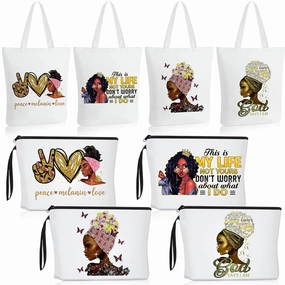 Roowest 8 Pcs Juneteenth Bags Bulk African American Gifts for Juneteenth Day Cna Week Gifts Black Women 4 Tote Bags 4 Cosmetic Bag Inspirational Gift Reusable Makeup Bag Shoulder Handbag with Zipper