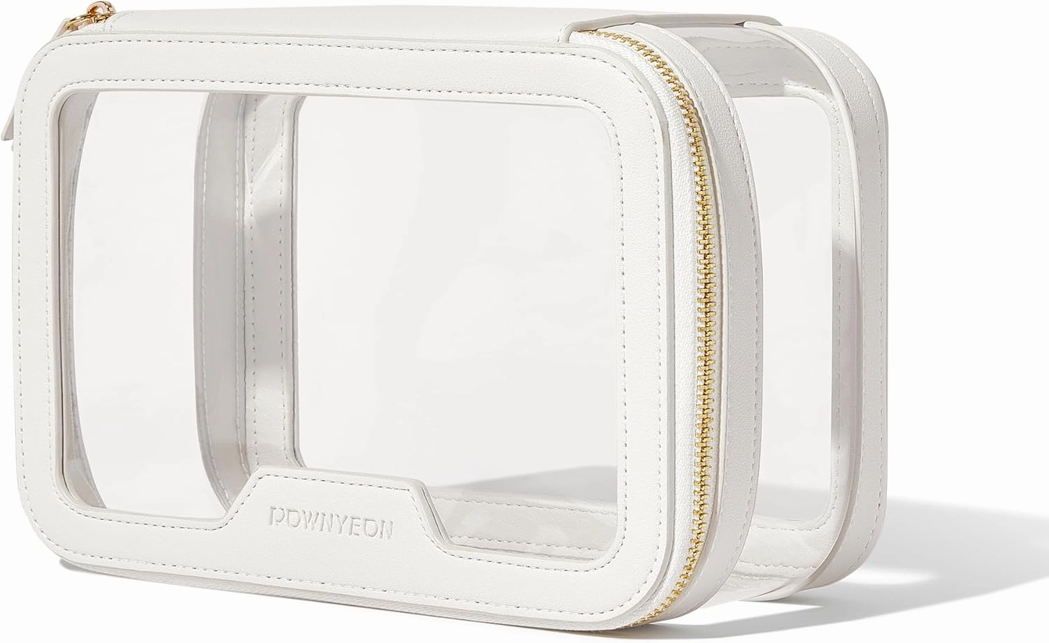 ROWNYEON Clear Makeup Bag,PVC Clear Toiletry Bag For Women,Waterproof Faux Leather Travel Makeup Bag with Handle Large Opening & Gold Zippers,Car Essentials for Women Gift