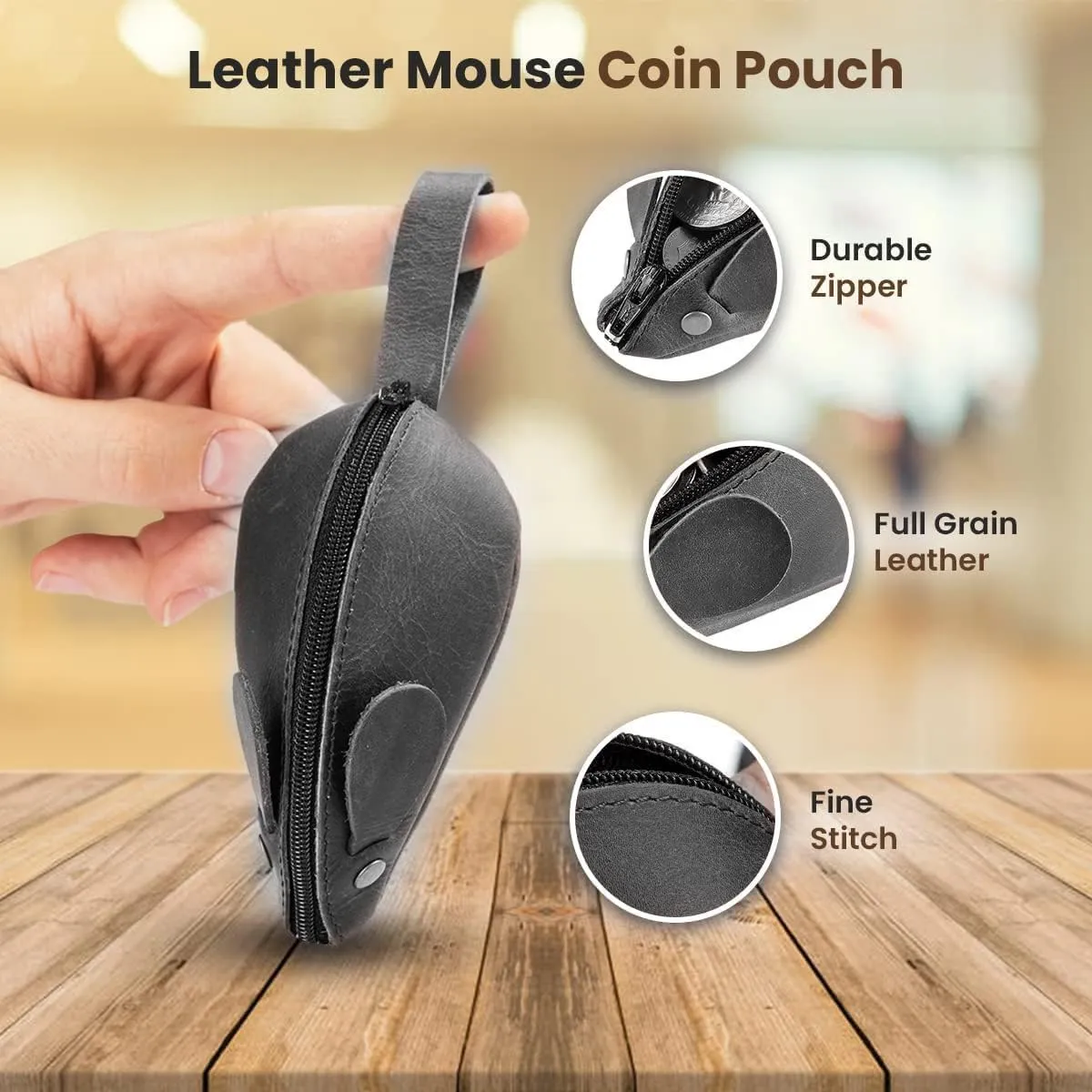 Rustic Leather Mouse Coin Purse Change Pouch Holder Cute Design YKK Zipper Handmade By Nabob Leather (Rustic Black)