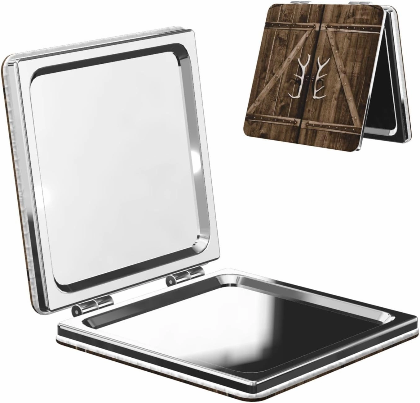 Rustic Antler Country Gate Women Small Makeup Mirror Compact Handheld Cosmetic Mirror for Purse Pocket