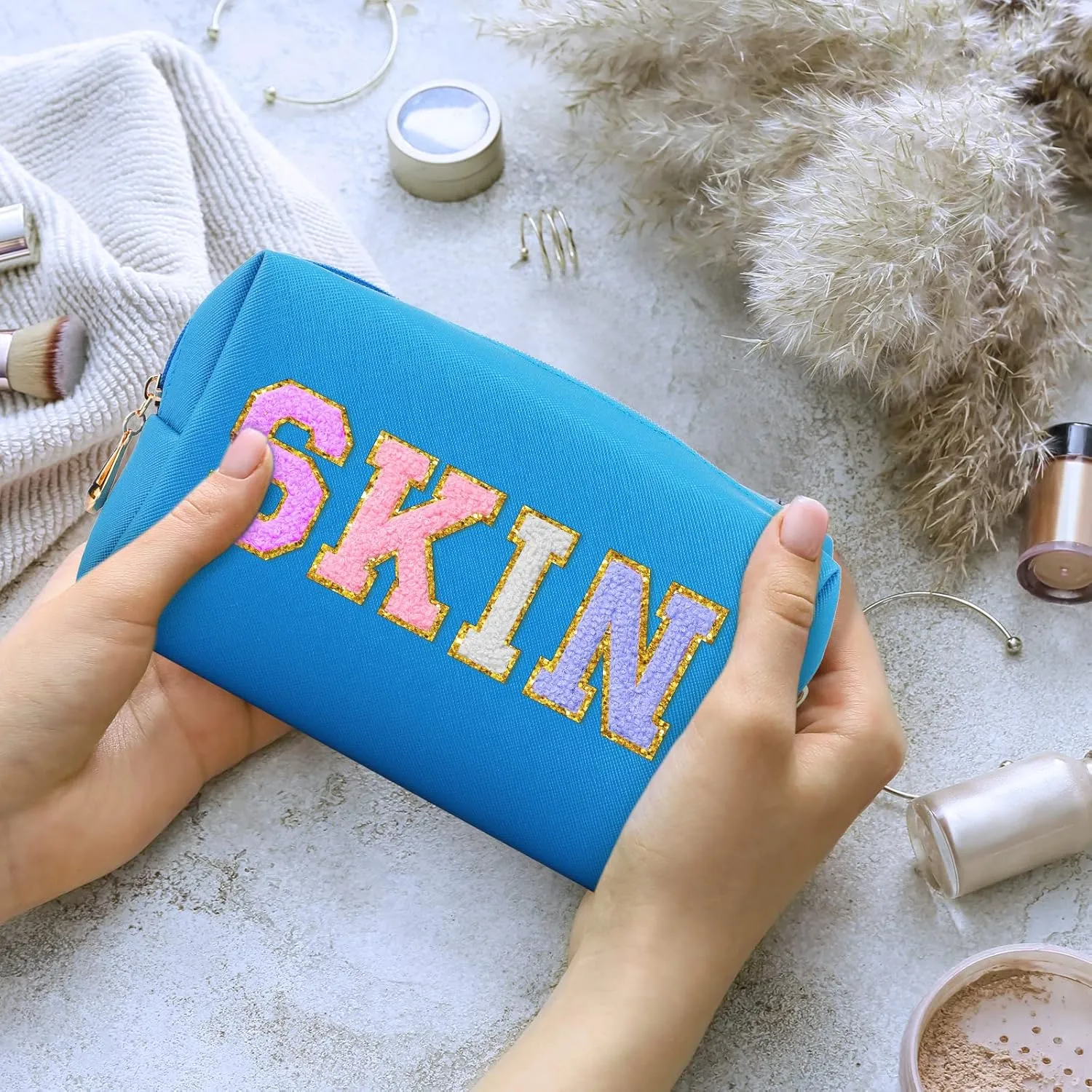 Sanwuta 9 Pcs Makeup Bags PU Double Zippers Cosmetic Bag Makeup Toiletry Pouch Bulk Portable Travel Organizers Case for Women Bachelorette Party End of the Year Graduation Gift(Blue)