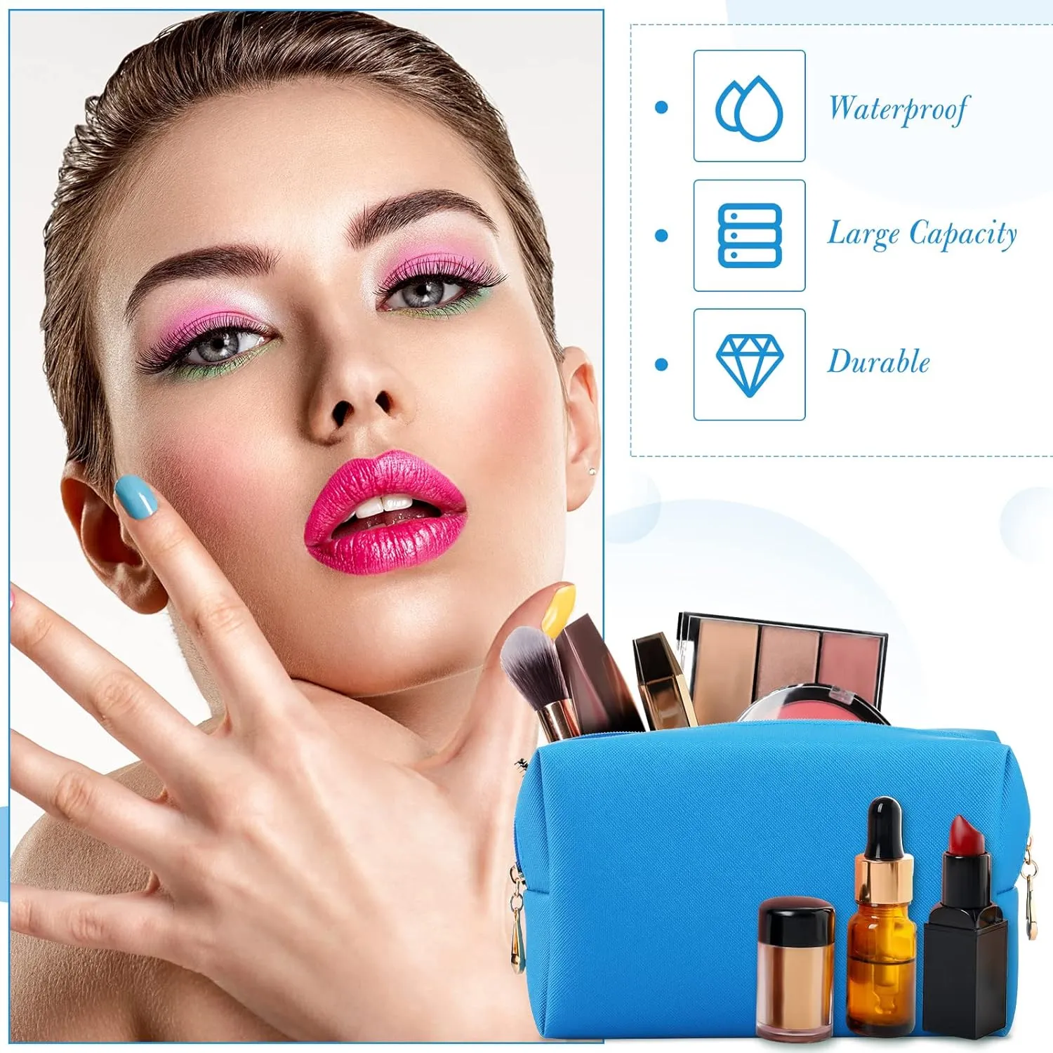 Sanwuta 9 Pcs Makeup Bags PU Double Zippers Cosmetic Bag Makeup Toiletry Pouch Bulk Portable Travel Organizers Case for Women Bachelorette Party End of the Year Graduation Gift(Blue)
