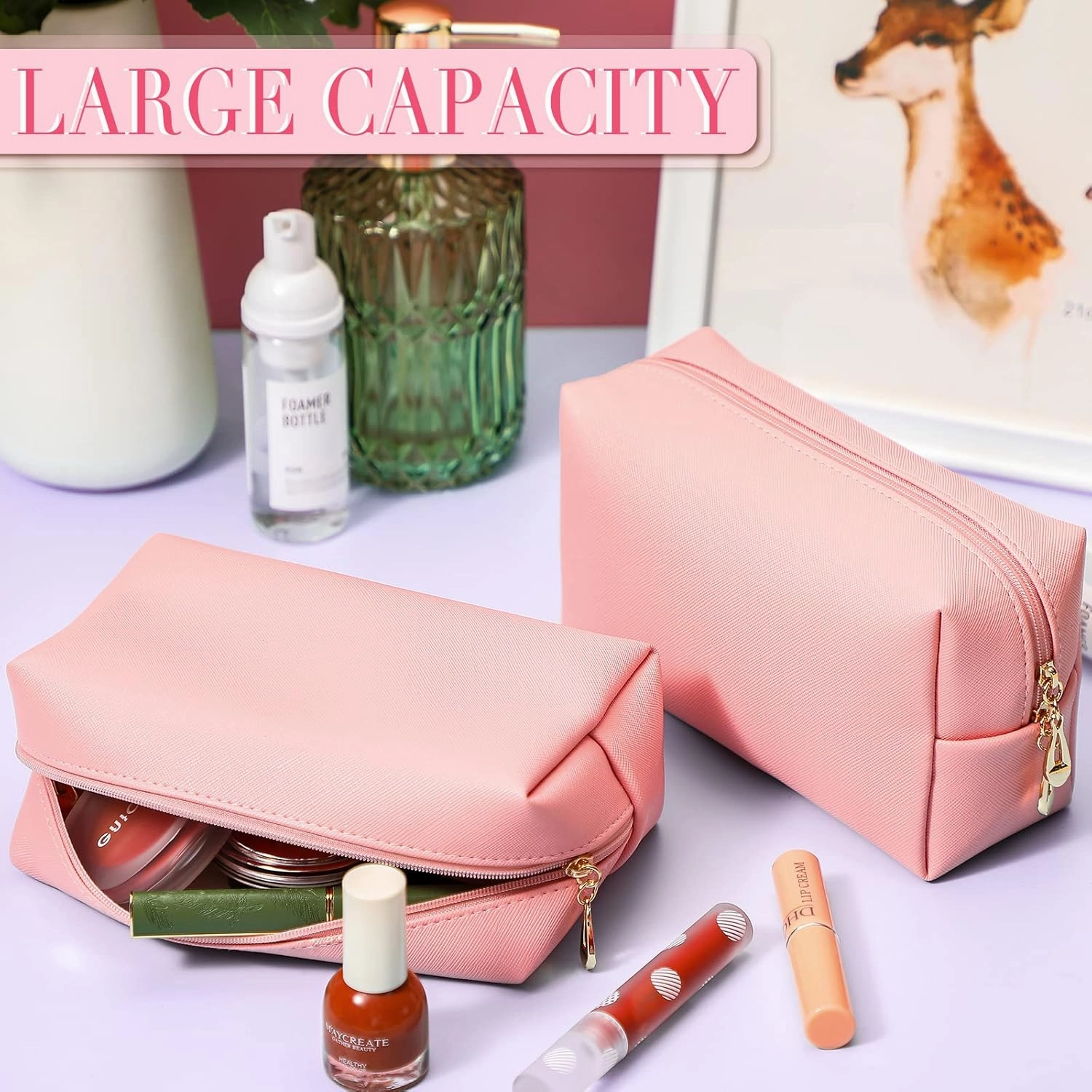 Sanwuta 9 Pcs Makeup Bags PU Double Zippers Cosmetic Bag Makeup Toiletry Pouch Bulk Portable Travel Organizers Case for Women Bachelorette Party End of the Year Graduation Gift(Pink)