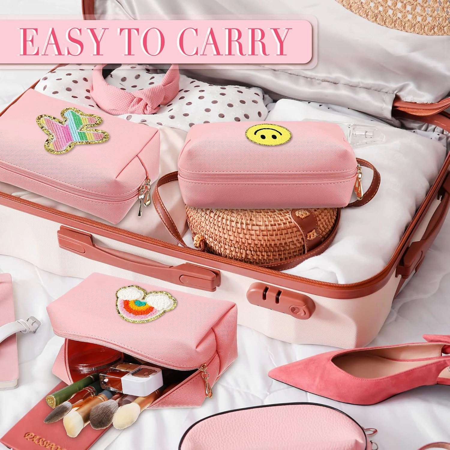 Sanwuta 9 Pcs Makeup Bags PU Double Zippers Cosmetic Bag Makeup Toiletry Pouch Bulk Portable Travel Organizers Case for Women Bachelorette Party End of the Year Graduation Gift(Pink)