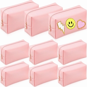 Sanwuta 9 Pcs Makeup Bags PU Double Zippers Cosmetic Bag Makeup Toiletry Pouch Bulk Portable Travel Organizers Case for Women Bachelorette Party End of the Year Graduation Gift(Pink)