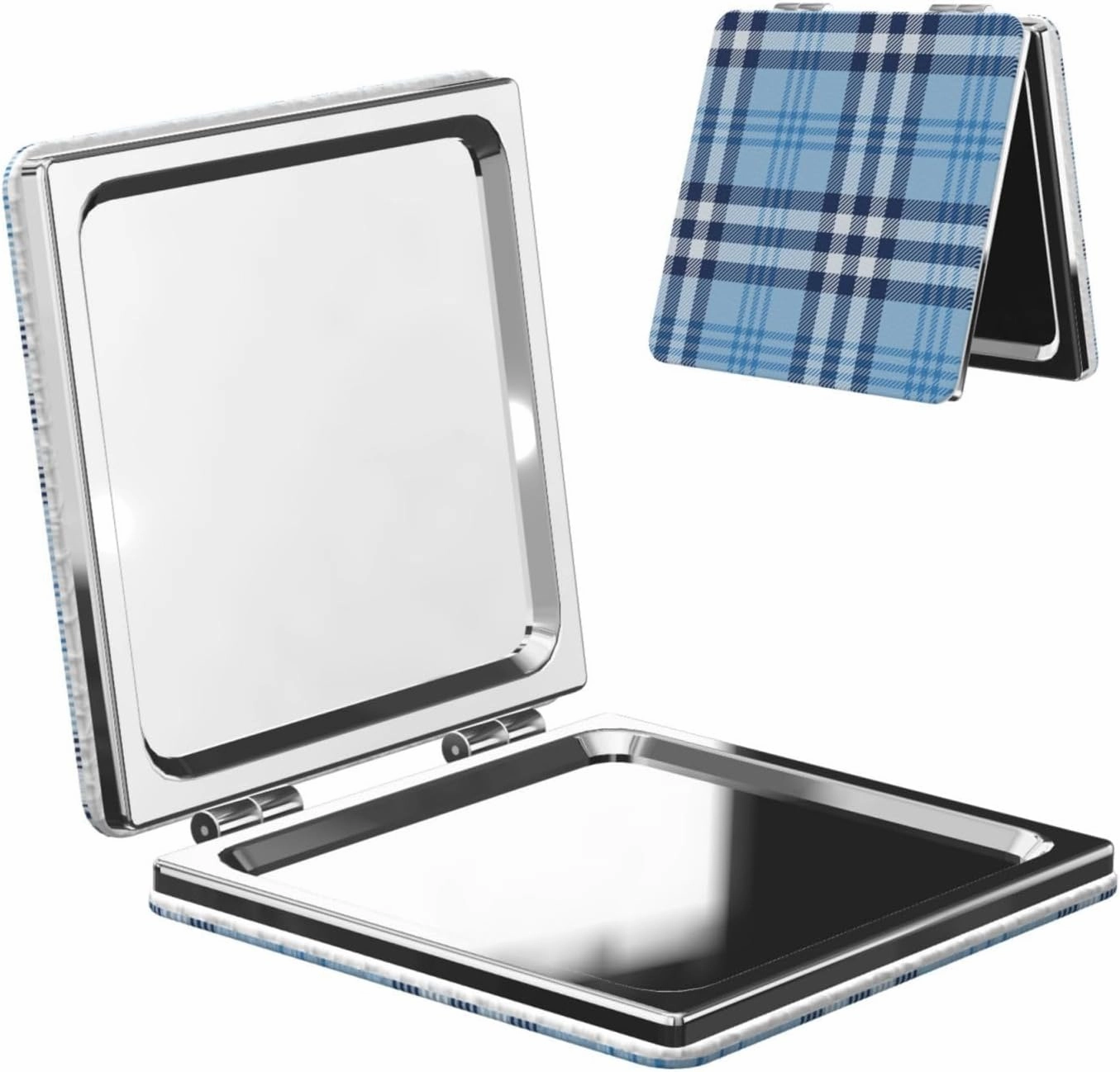 Scottish Blue White Plaid Tartan Women Small Pocket Makeup Mirror Compact Portable Folding Handheld Makeup Mirror