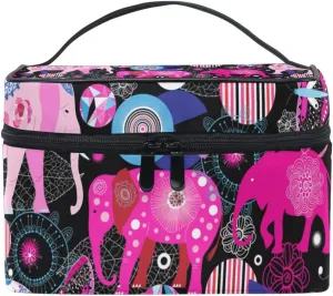 Seamless Bright Colorful Pink Elephants Leaves Flowers on Dark Beauty Cosmetic with Zipper Brush Portable Storage Bag, Fashion printing Toiletry, Durable Travel Organizer Tote Unisex Gifts