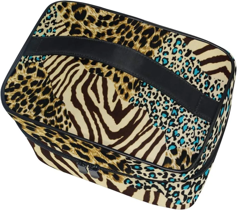 senya Cosmetic Bag Animal Print Zebra Leopard Travel Makeup Organizer Bag Portable Train Case for Women Girls