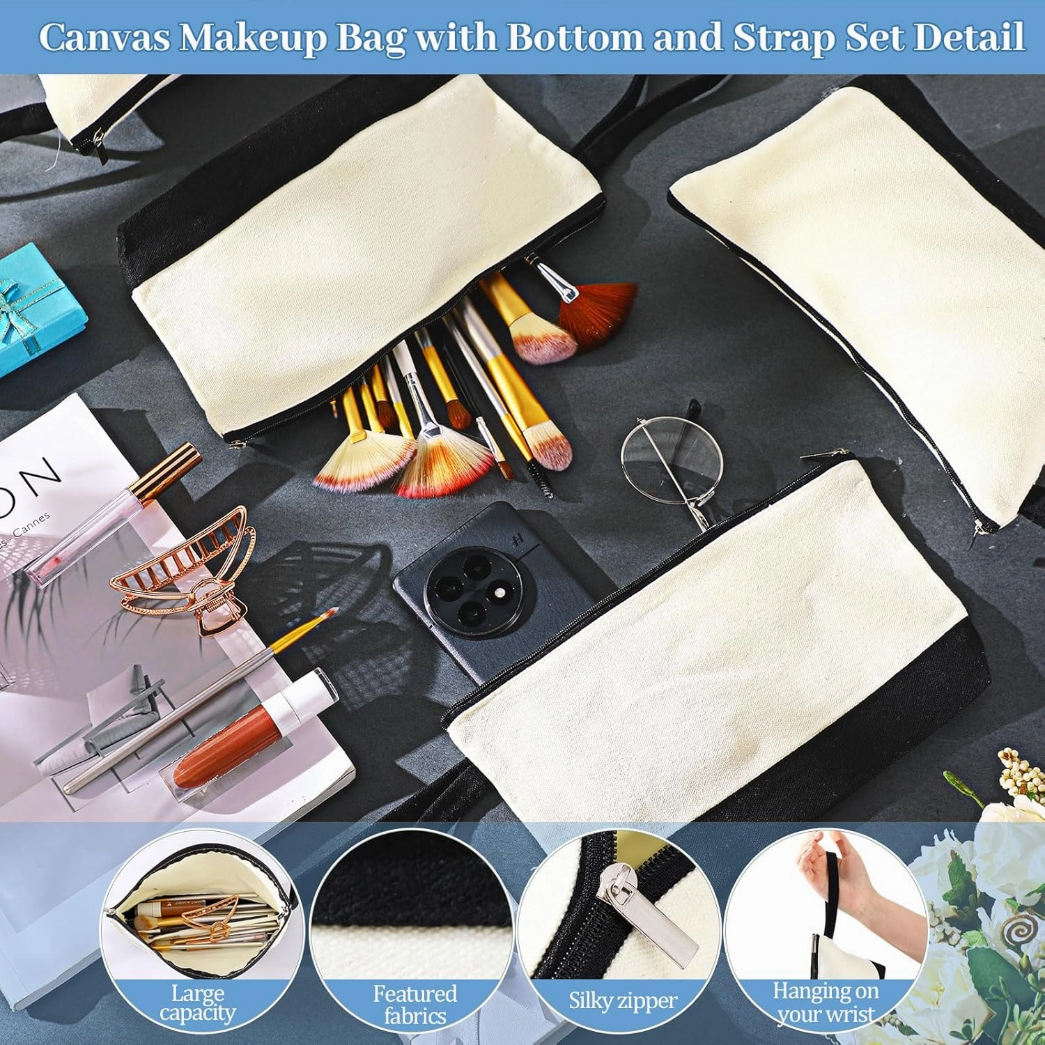 Silkfly 30 Pcs Canvas Makeup Bags Bulk Pencil Case Cotton Cosmetic Pouch with Zipper Bottom Blank Inspirational Travel Pouch Multi Purpose Toiletry Bags for Women (Black, Beige,Simple)