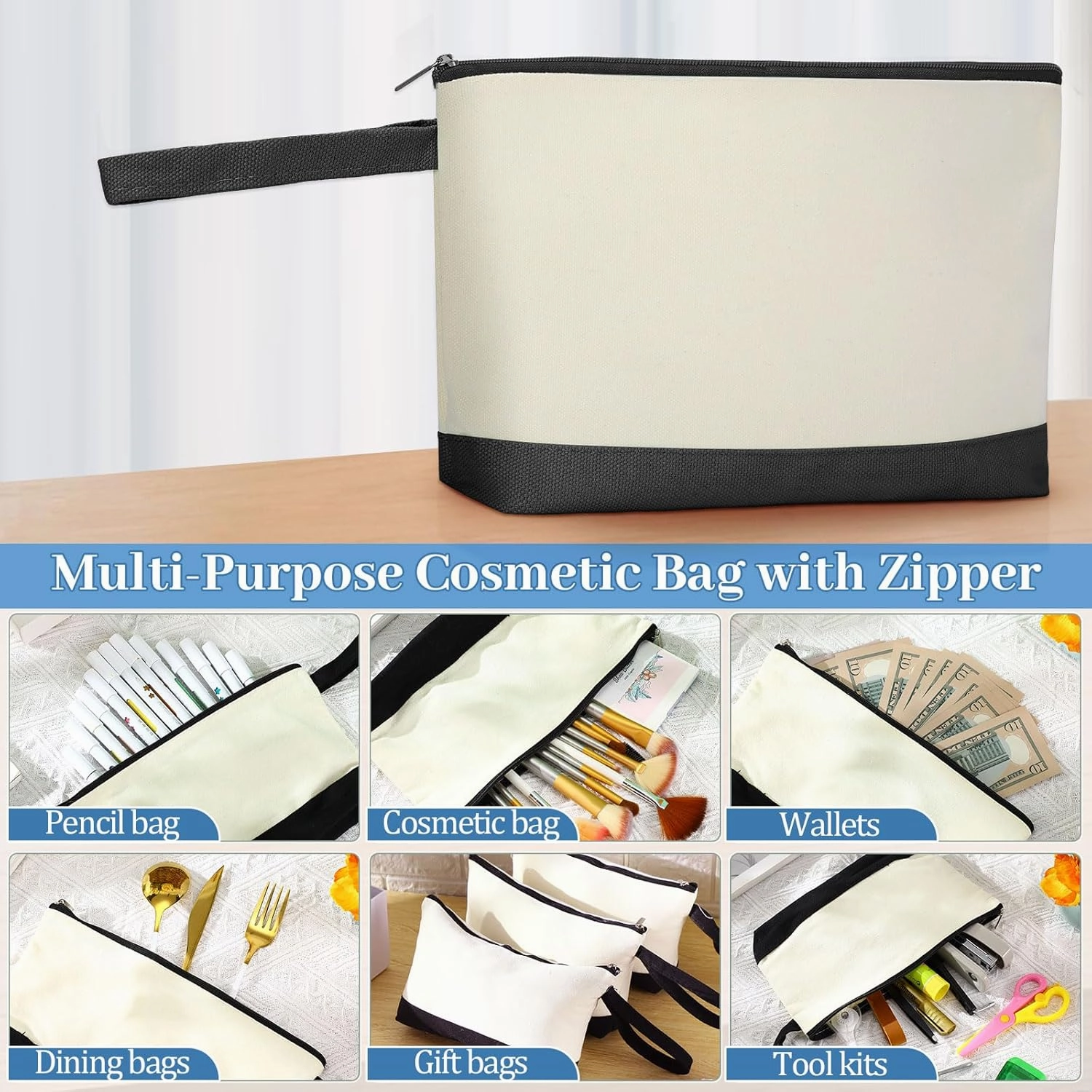 Silkfly 30 Pcs Canvas Makeup Bags Bulk Pencil Case Cotton Cosmetic Pouch with Zipper Bottom Blank Inspirational Travel Pouch Multi Purpose Toiletry Bags for Women (Black, Beige,Simple)